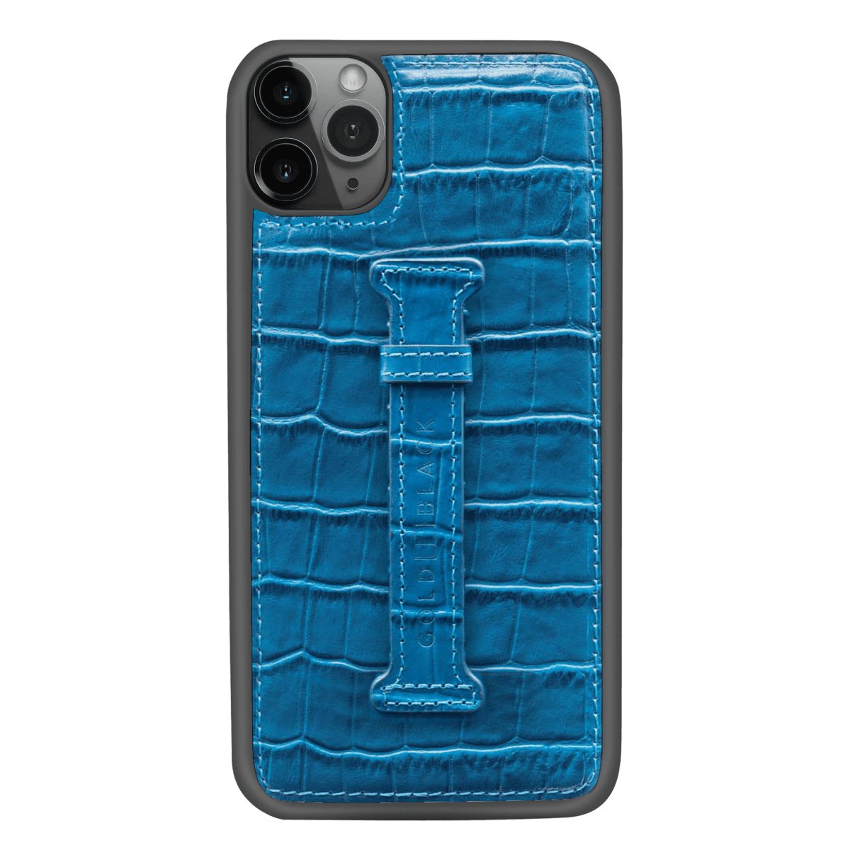 GOLDBLACK Handyhülle iPhone 11 Pro Max Lederhülle mit Fingerschlaufe KROKO-PRÄGUNG Blau