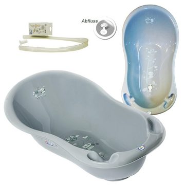 Tega-Baby Babybadewanne 4 Teile SET AB -EULE + Ständer Grau - Abflussset Baby Wanne, (Premium.set Made in Europe), Wanne+ Badesitz+ Töpfchen+ Ablauf Set+ Ständer