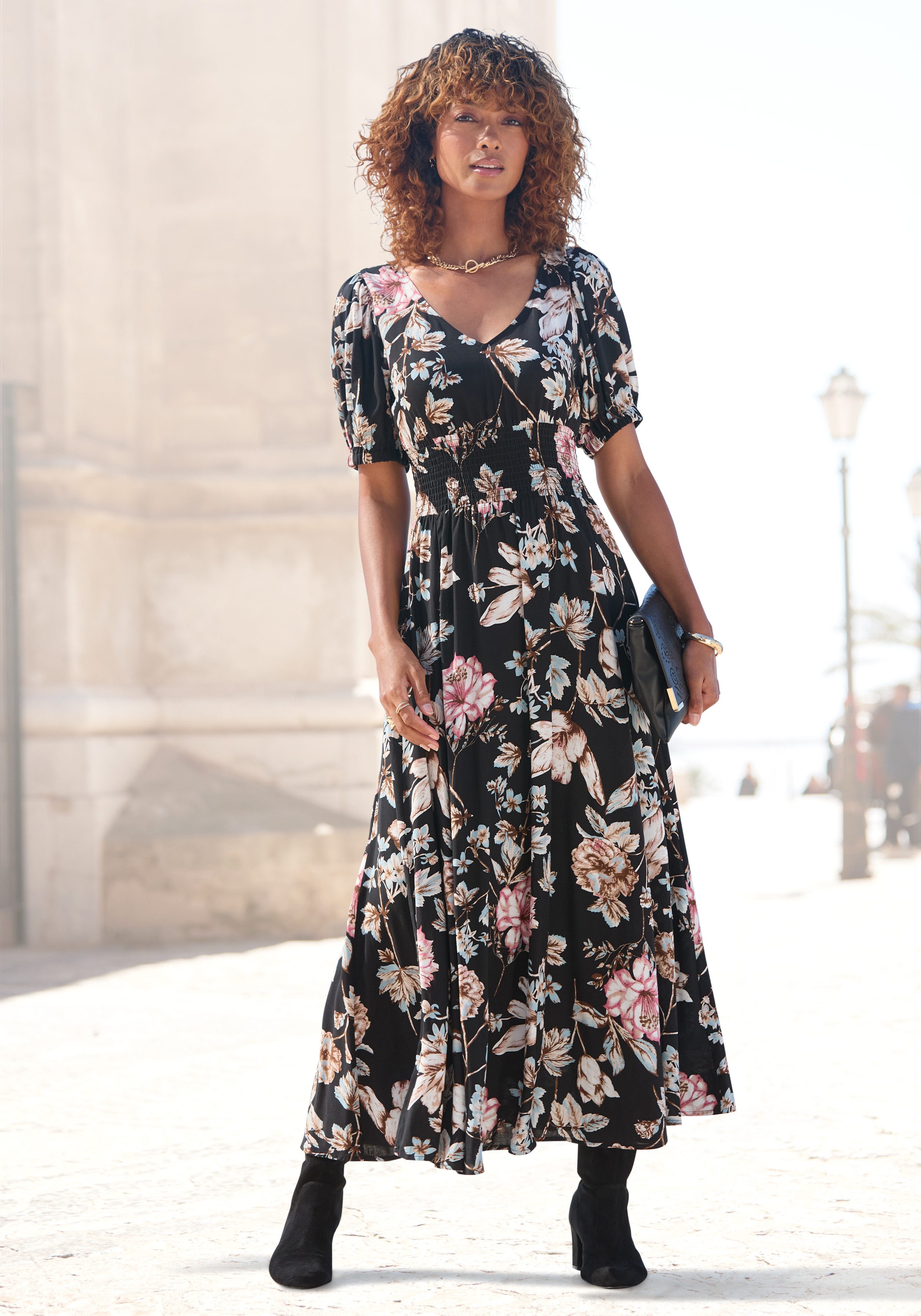 LASCANA Maxikleid mit Blumendruck und leichten Puffärmeln, Sommerkleid, cas günstig online kaufen