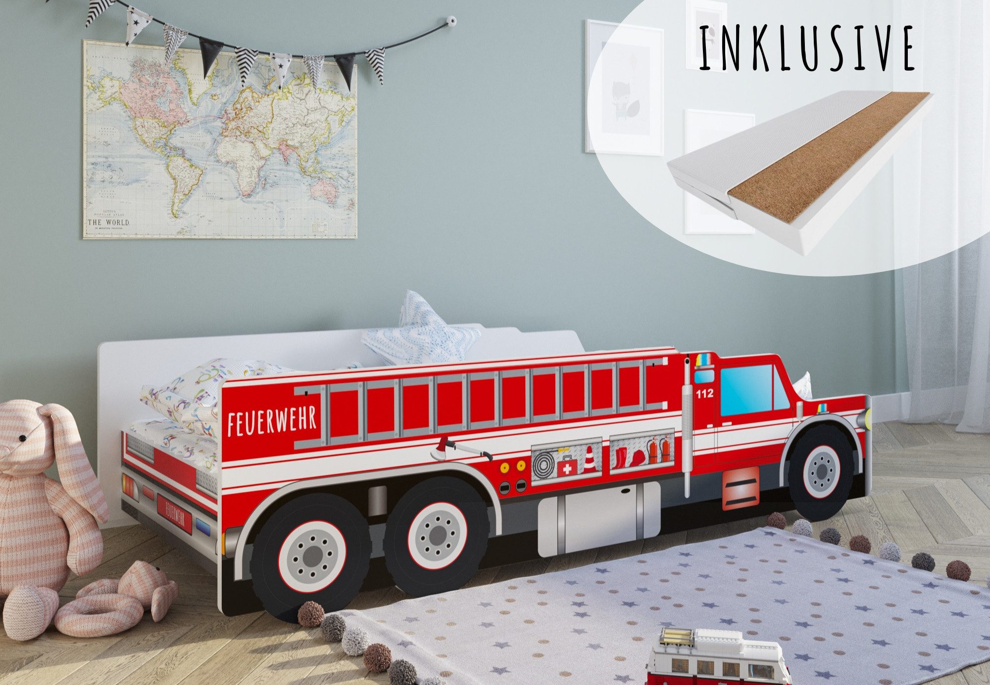 Kids Collective Autobett Kinderbett Jugendbett 70x140, 80x160 cm mit Rausfallschutz Feuerwehr, Feuerwehrauto Feuerwehrmann Kinderspielbett mit Matratze 80x160 cm