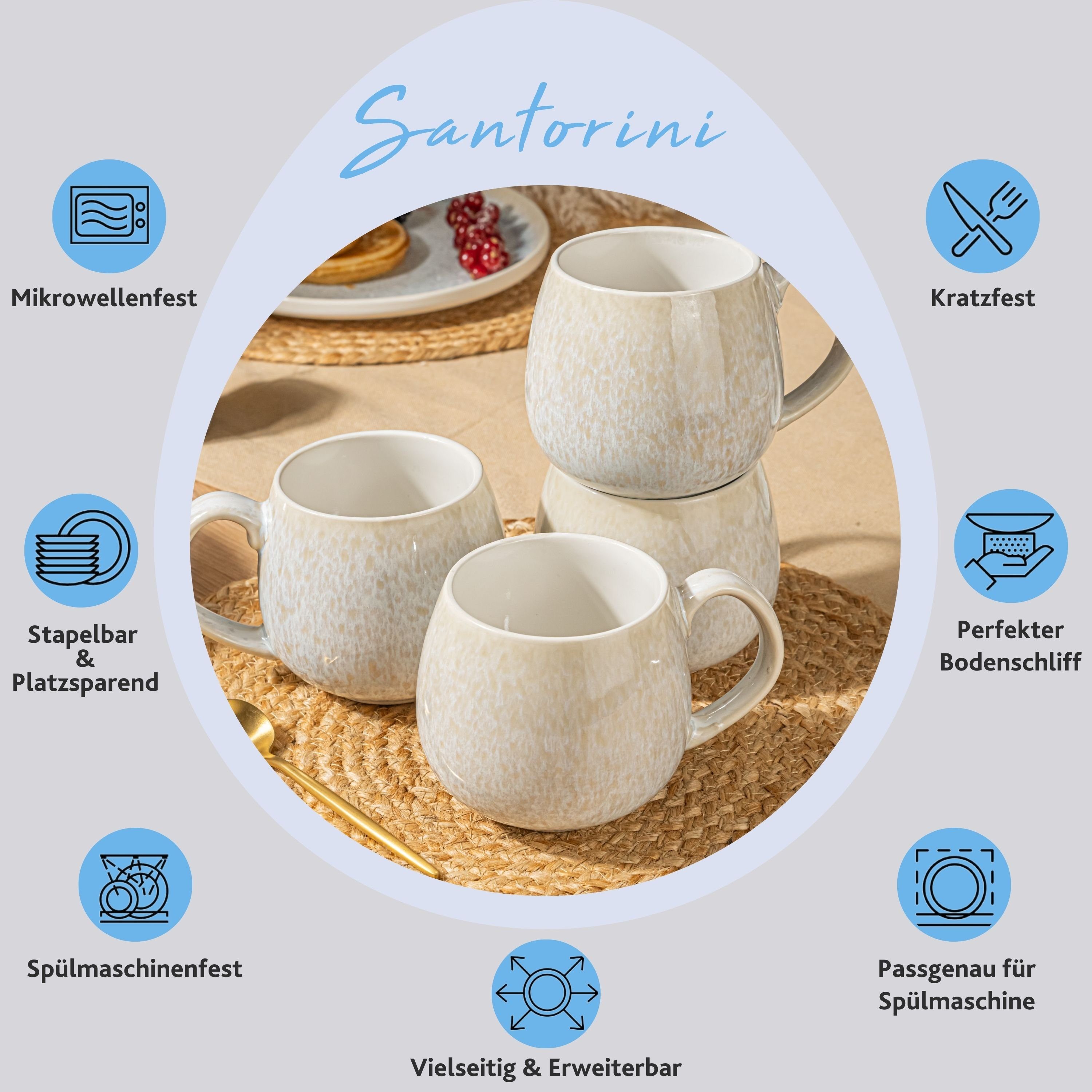 Santorini mit Kaffeebecher Steingut, Cremefarben (4-teilig), Set Blauem Flieder Verlauf, SÄNGER Becher Handmade