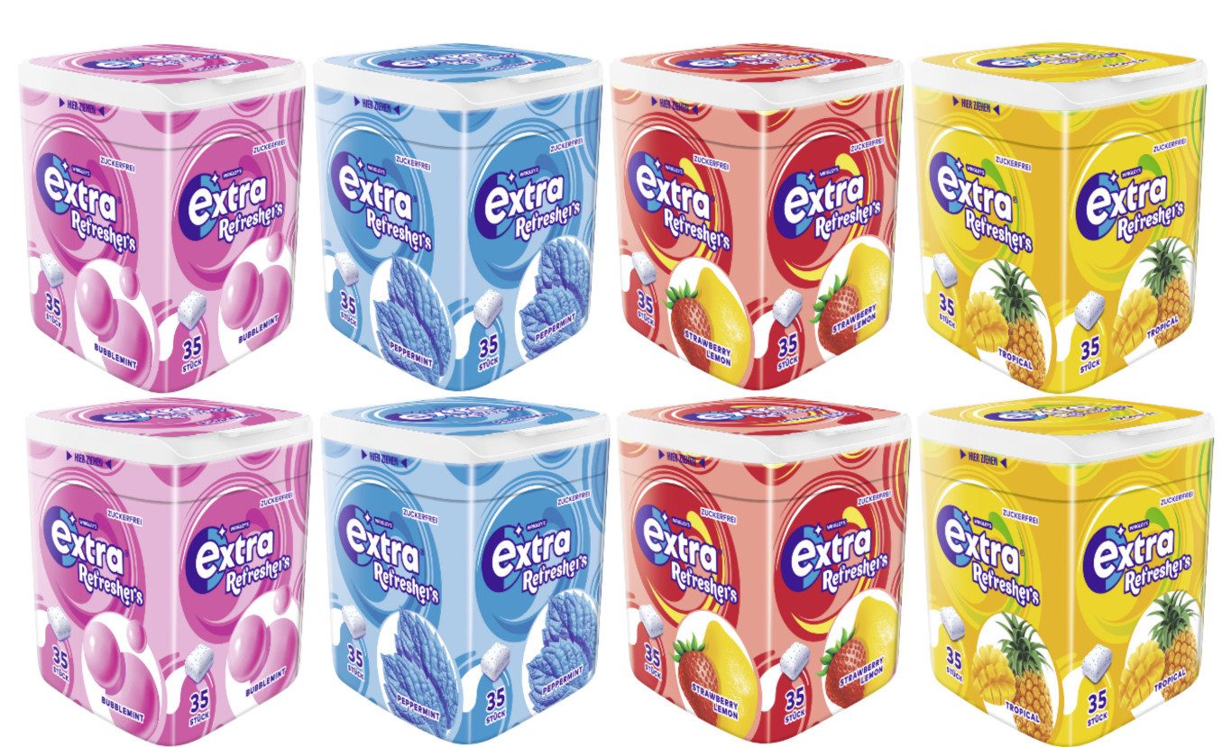 Mars GmbH Süßigkeit EXTRA Refreshers Dosen-Mix 8 Dosen, 4 Sorten, Bubblemint & Tropical