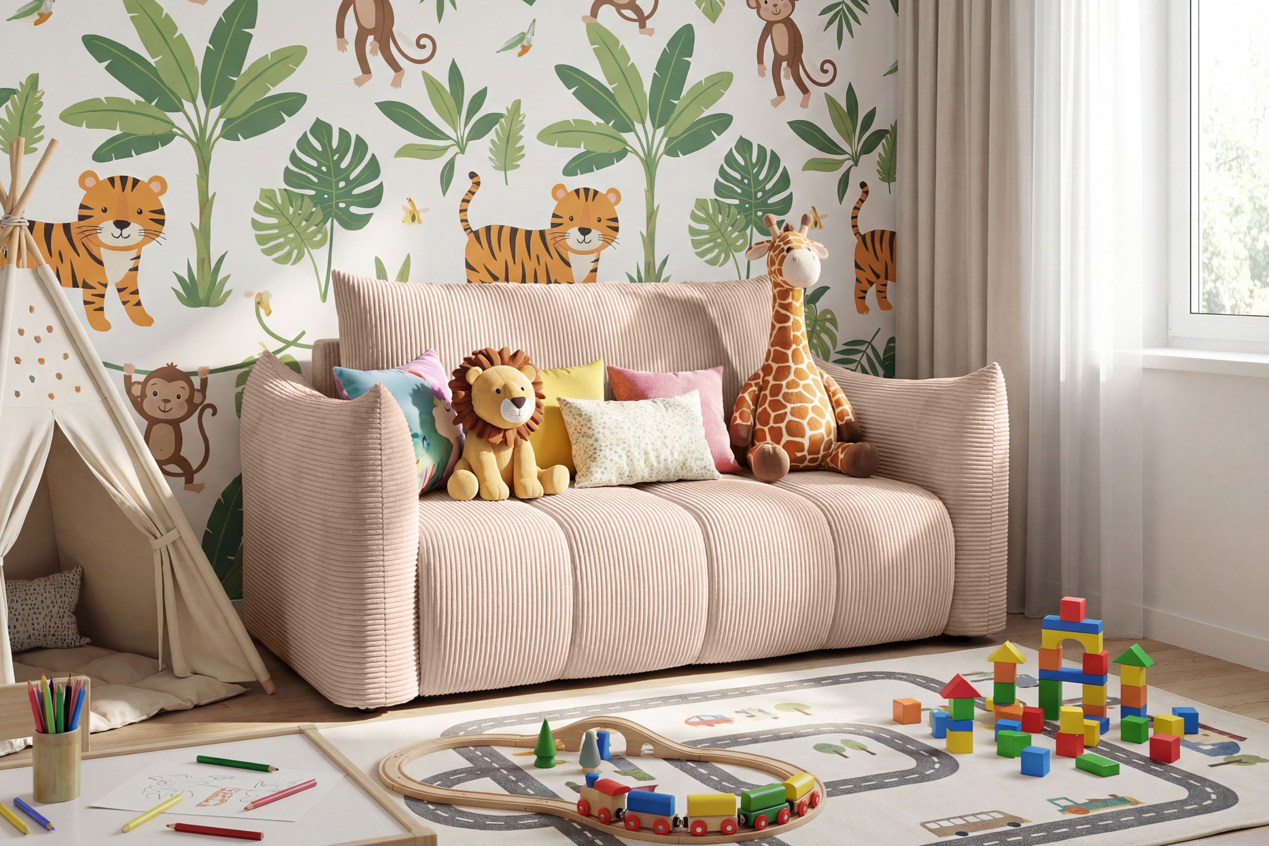 WFL GROUP Kindersofa Lilo Jugendsofa mit Schlaffunktion & Bettkasten, Schlaffläche 120 × 150 cm, 2-Sitzer, kleine Couch aus weichem Cordstoff fürs Jugendzimmer