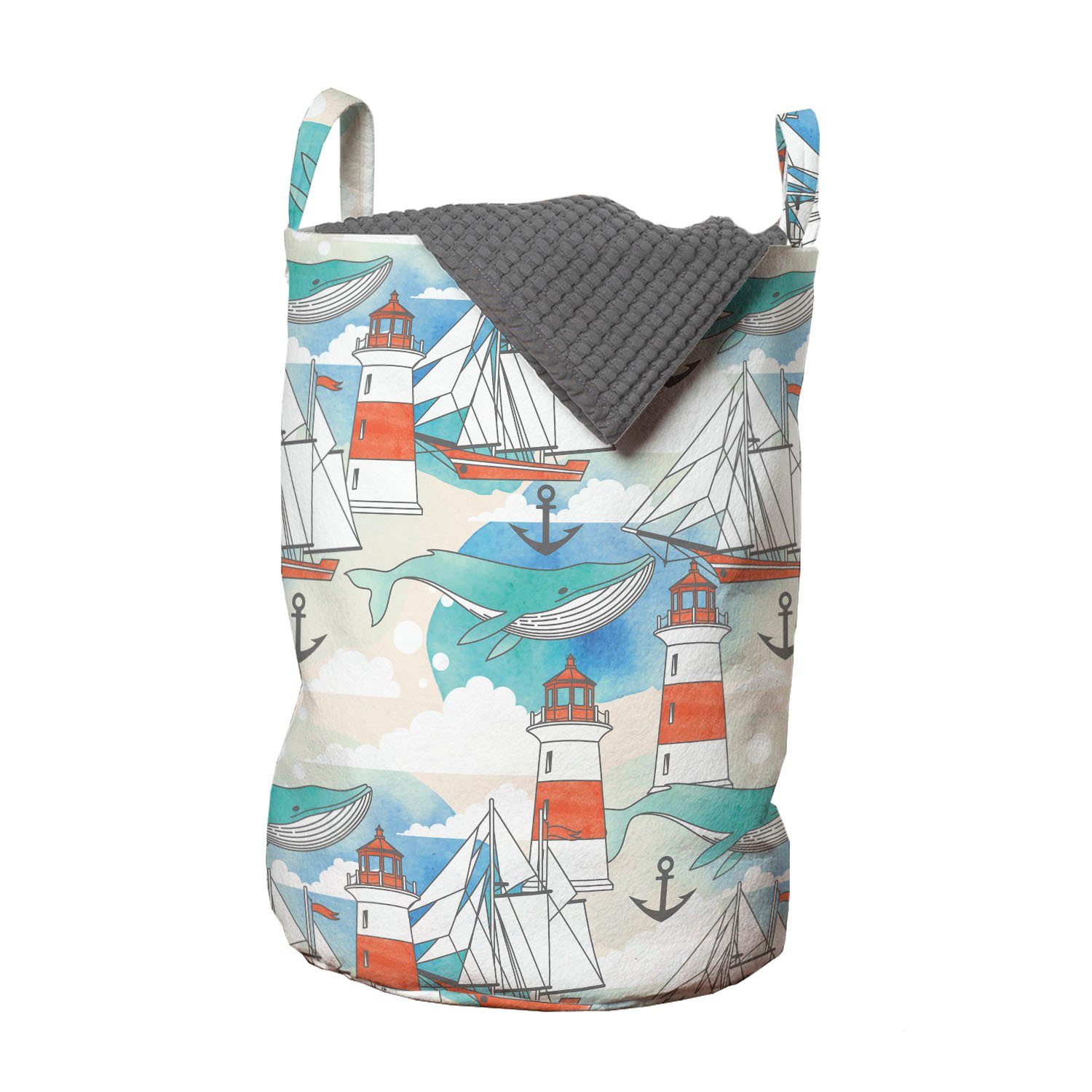 Abakuhaus Wäschesäckchen Wäschekorb mit Griffen für Waschsalons, Kordelzugverschluss Leuchtturm Boote Seewal