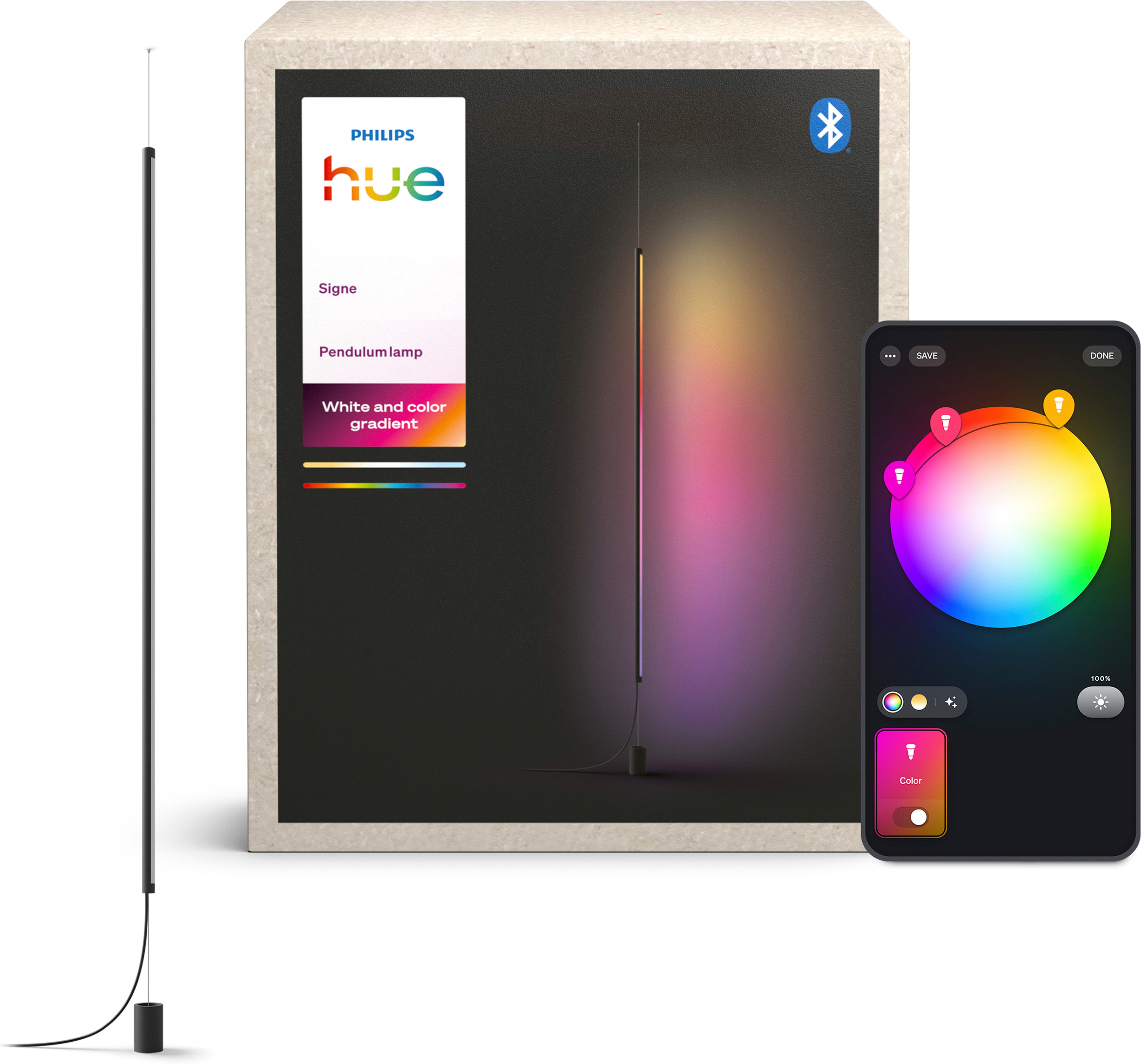 Philips Hue LED Pendelleuchte Gradient Signe Pendant White & Color Ambiance mit Farbverlauf schwarz, Bluetooth, CCT - über Fernbedienung, Dimmer, Dimmfunktion, Einschlafhilfe, Farbsteuerung, Farbwechsel, Memory, nach Trennung vom Netz, Memoryfunktion, RGB, Smart Home, Softlichtstart, Timerfunktion, Weckerfunktion, dimmbar über Fernbedienung, erweiterbar, mehrere Helligkeitsstufen, LED fest integriert, RGB, indirektes Licht, schlankes Design, steuerbar per App und Sprache