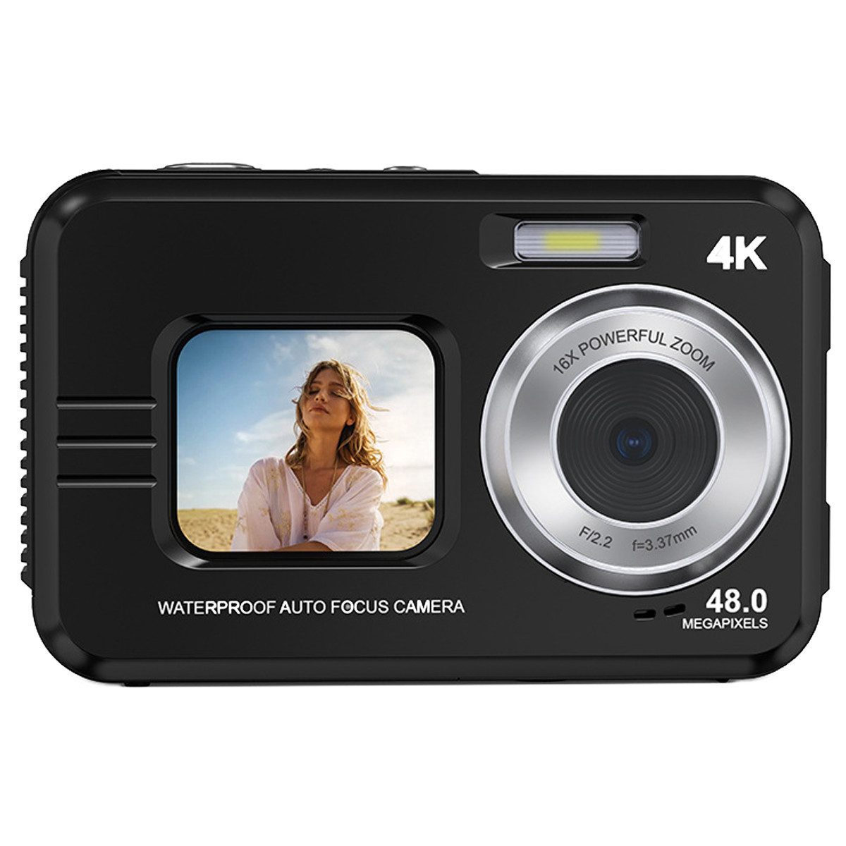 KINSI Sportkamera, Wasserdichte Digitalkamera, Dual-Display, Full HD Outdoor-Kamera (48 MP, 16-facher Digitalzoom mit Autofokus,für Outdooraktivitäten und Tauchen)