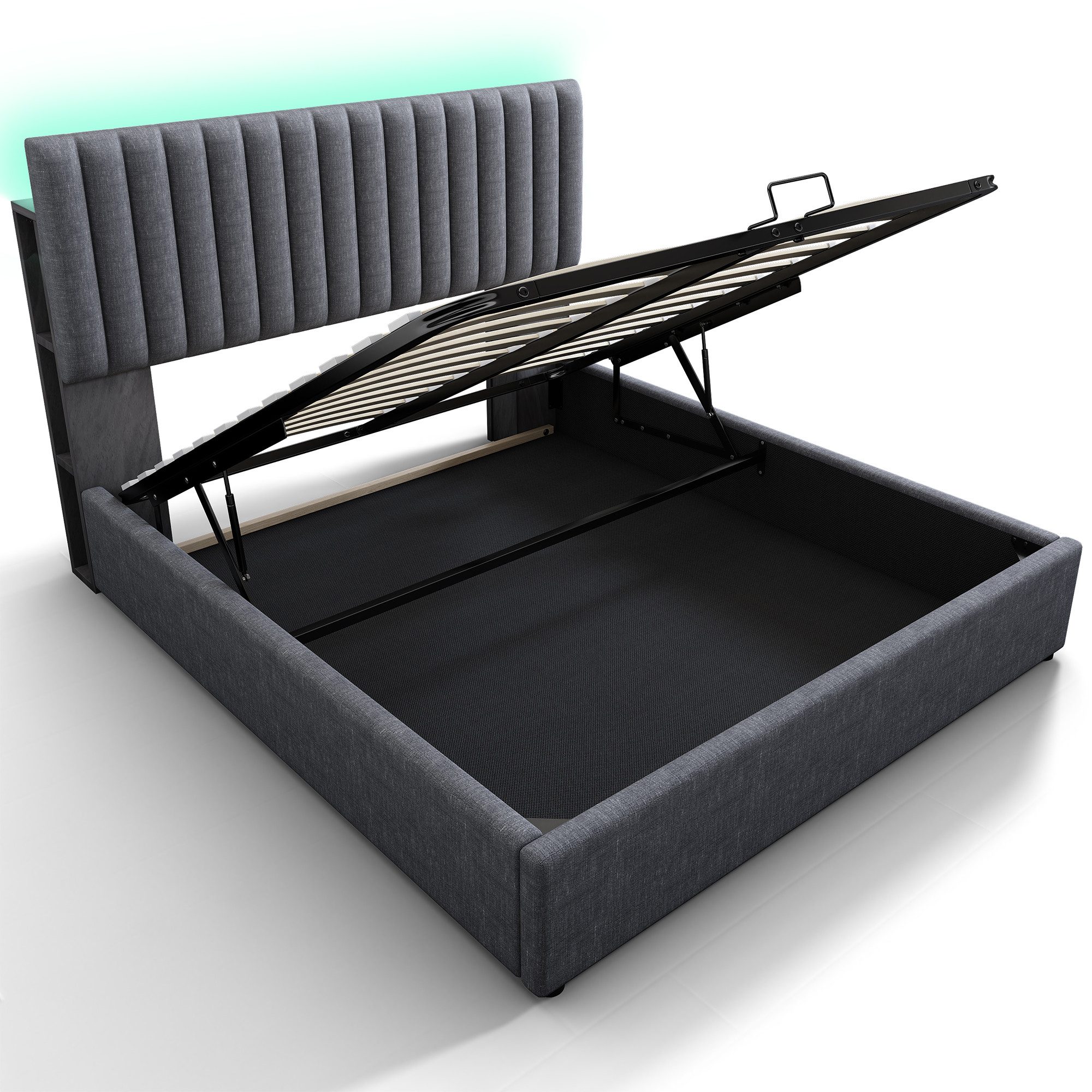 Polsterbett (Stauraumbett, Doppelbett 140x200cm mit Lattenrost und LED-Beleuchtung), mit Ladefunktion und Stauraumfächer, Verstellbares Kopfteil, Leinen