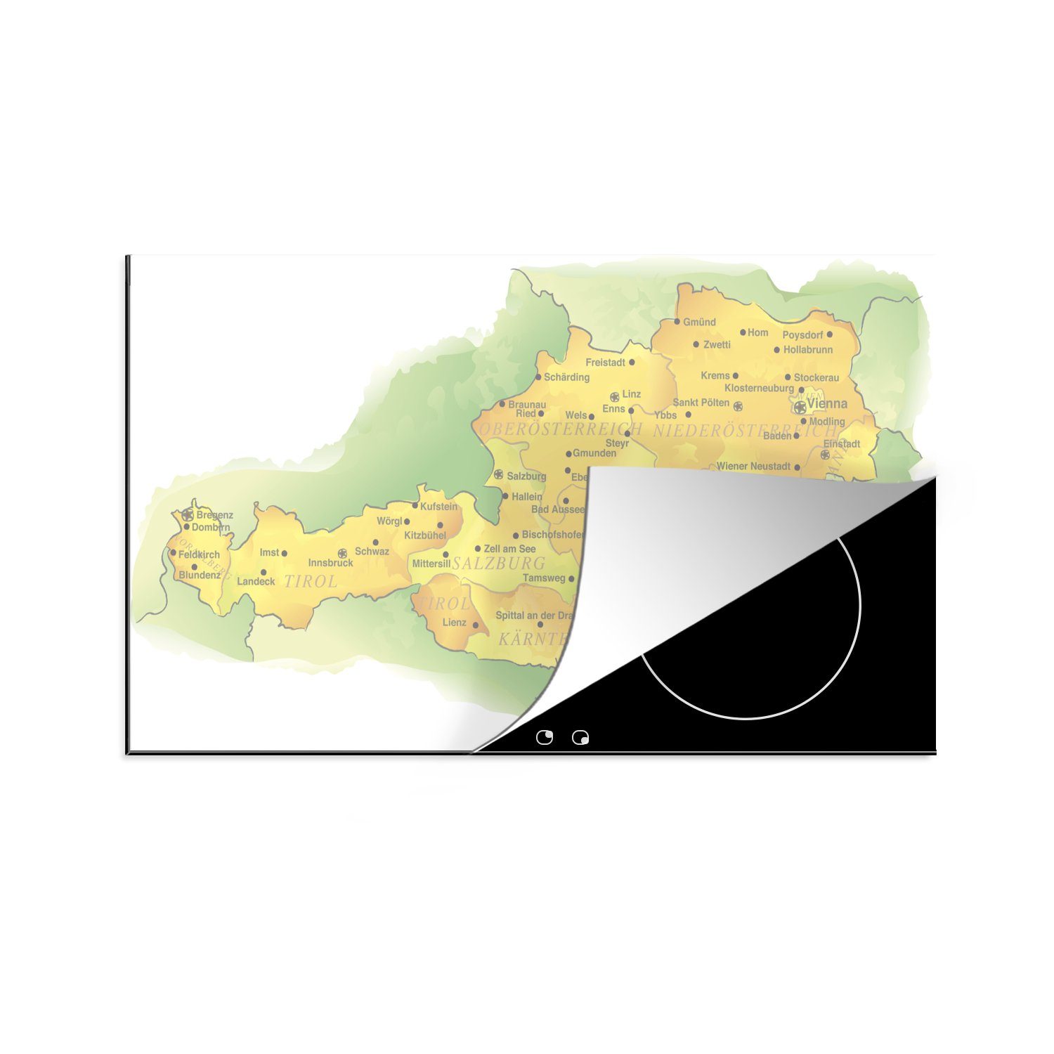 MuchoWow Herdblende-/Abdeckplatte Illustration der Karte von Österreich in Pastellfarben, Vinyl, (1 tlg), 83x51 cm, Ceranfeldabdeckung, Arbeitsplatte für küche