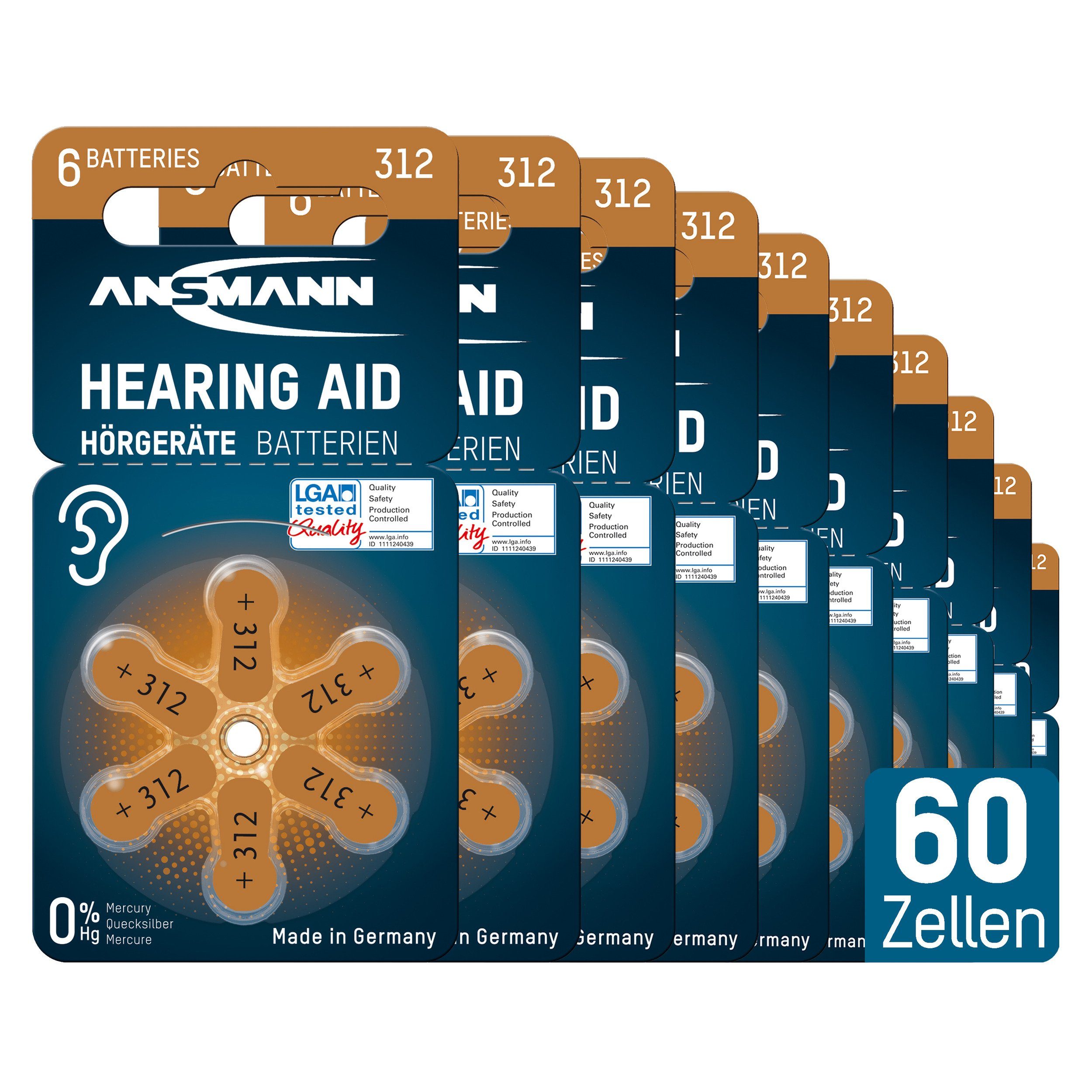 ANSMANN AG Hörgerätebatterien Typ 312 braun, 60 Stück Knopfzelle