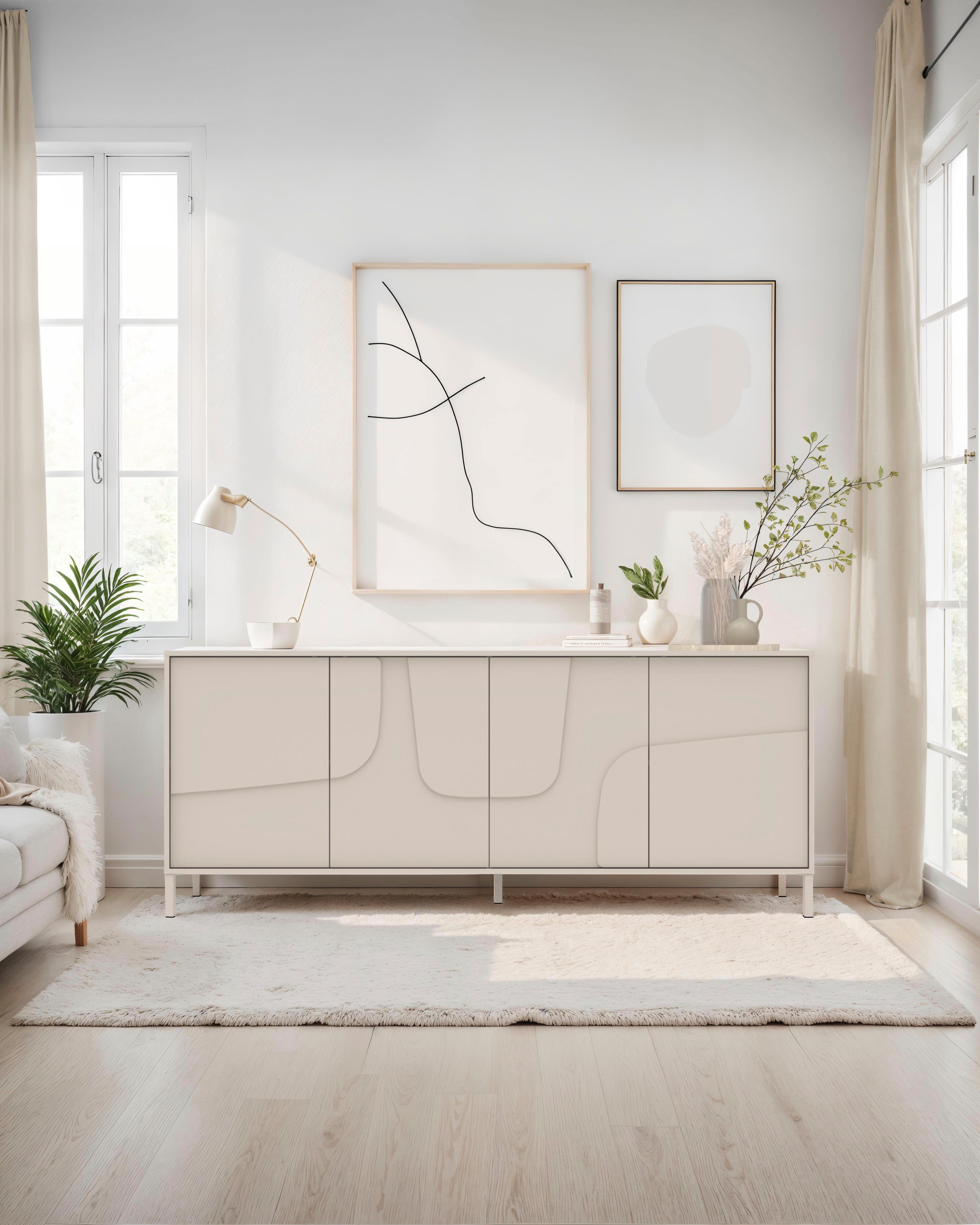 OTTO home Sideboard Stone, 205 cm breit, 4 Türen, Anrichte, Kommode, Stauraumschrank, 3D-Design, Push-to-open, Innenraum großzügig, Füße 14/2 cm wählbar