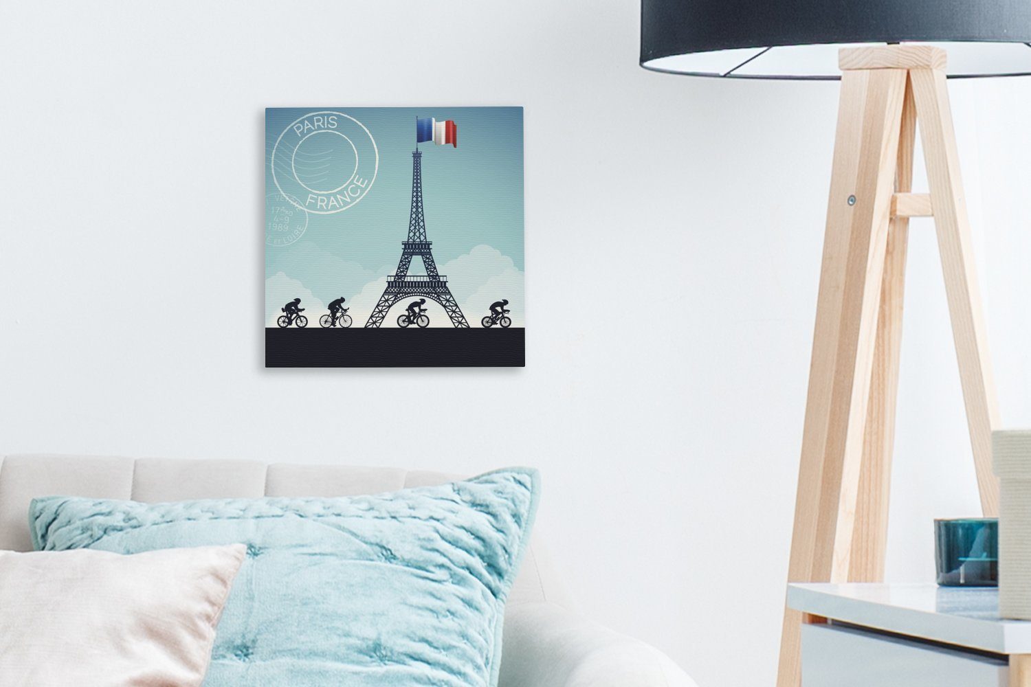 St), Leinwand am vorbeifahren, Leinwandbild Radfahrern, (1 Wohnzimmer Bilder Eine OneMillionCanvasses® Illustration die Eiffelturm für von Schlafzimmer