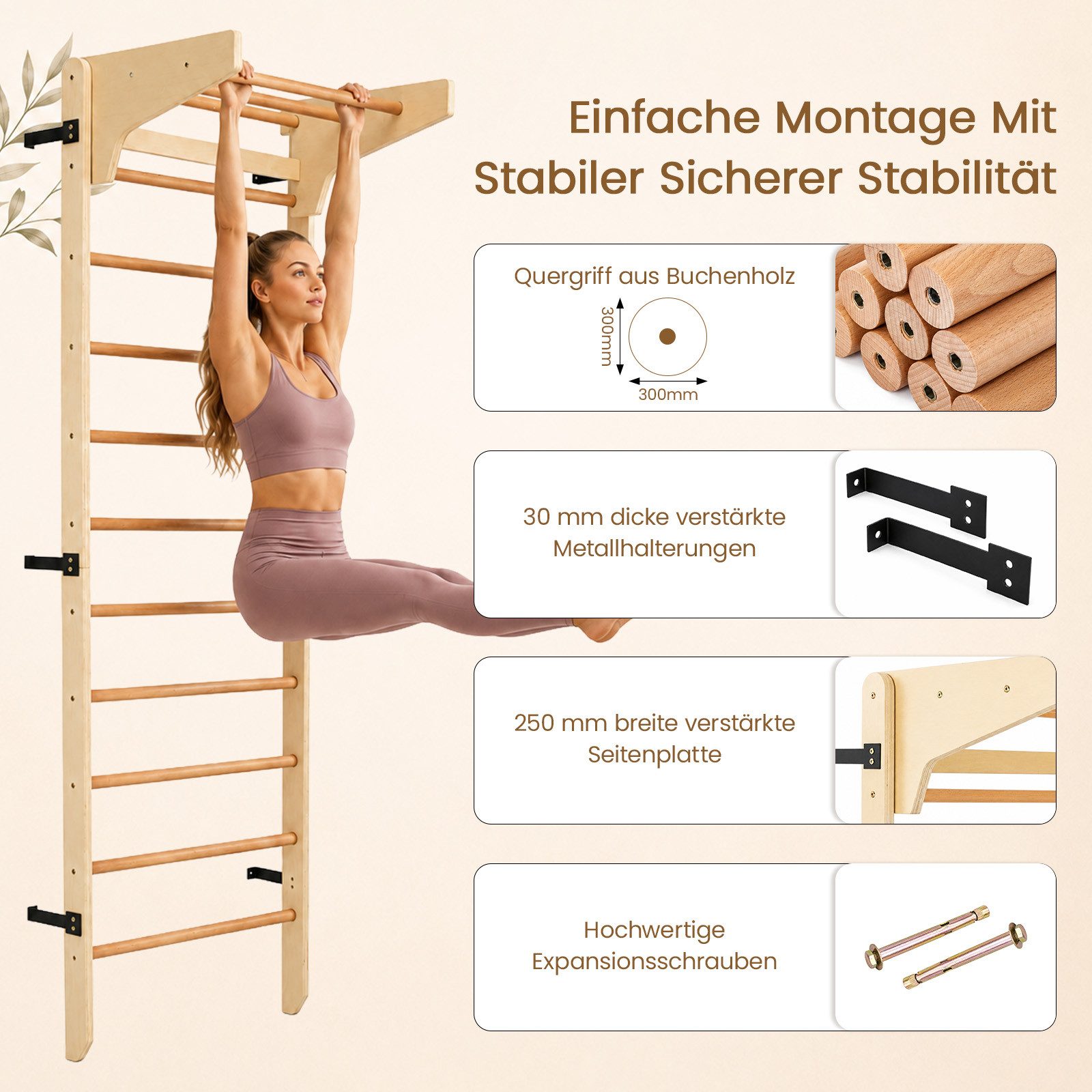 Youyijia Wandmontage-Set Multifunktionale Schwedenleiter, Wandmontage, Holz-Gymnastikstange – Bild 3 von 5