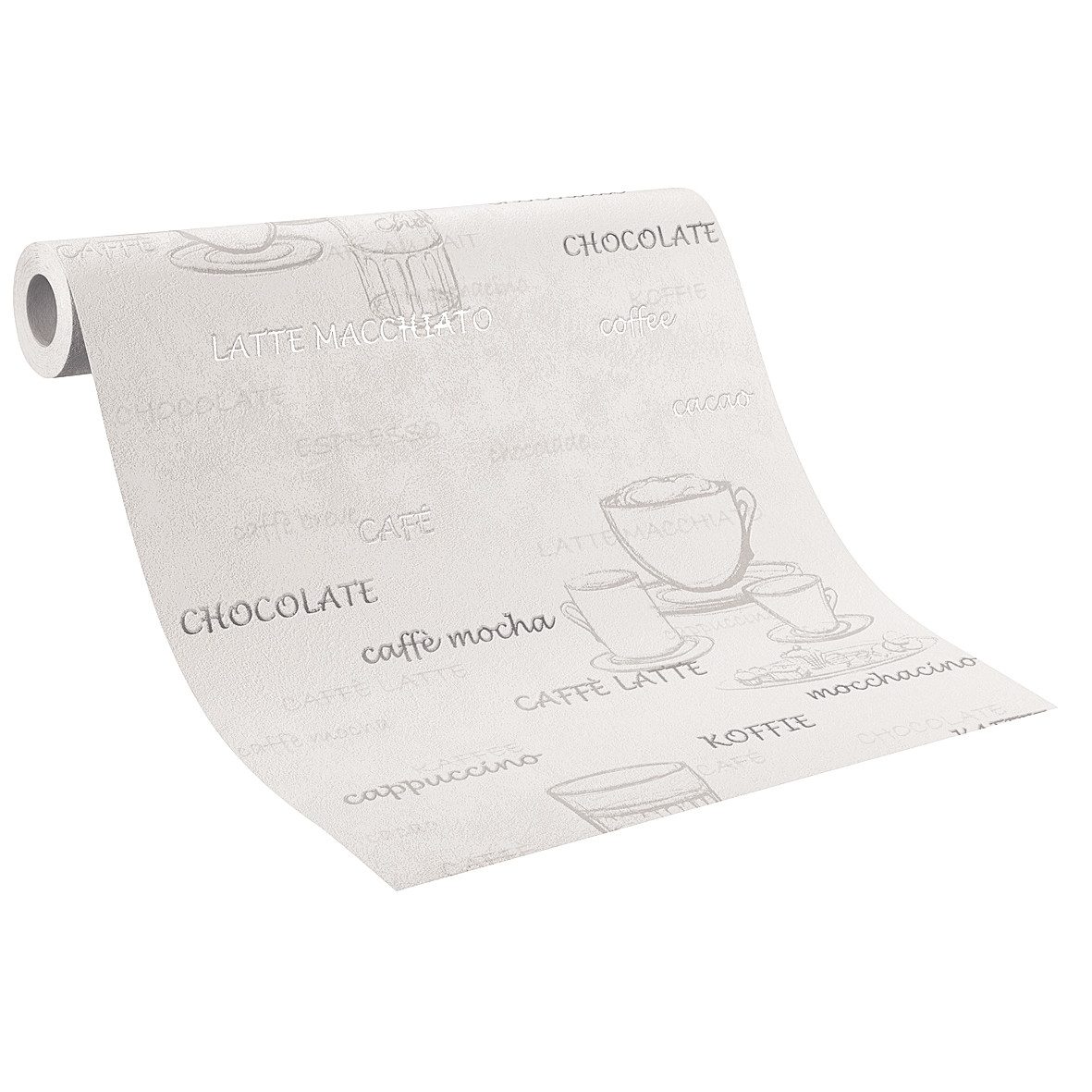 Rasch Vliestapete Kaffeemotiv - Vliestapete Weiß Grau, Mehrfarbig, (1 Rolle, 1 St., Kollektion 'Selection' - 10,05 m x 0,53 m), gute Lichtbeständigkeit, hoch waschbeständig, restlos abziehbar