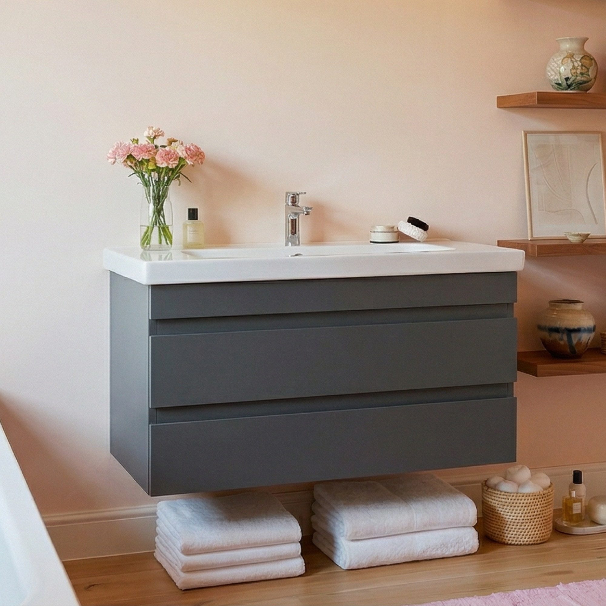 Karen Waschtisch-Set Waschtisch mit Unterschrank Lara, (Komplett-Set, Standartmäßig 2-Teilig (Unterschrank, Waschbecken), Optionaler Hochschrank, 2-St., Unterschrank mit Schubladen), Minimalistisch, Geradlinig, Matt-Beschichtung, Softclose, Griffleisten