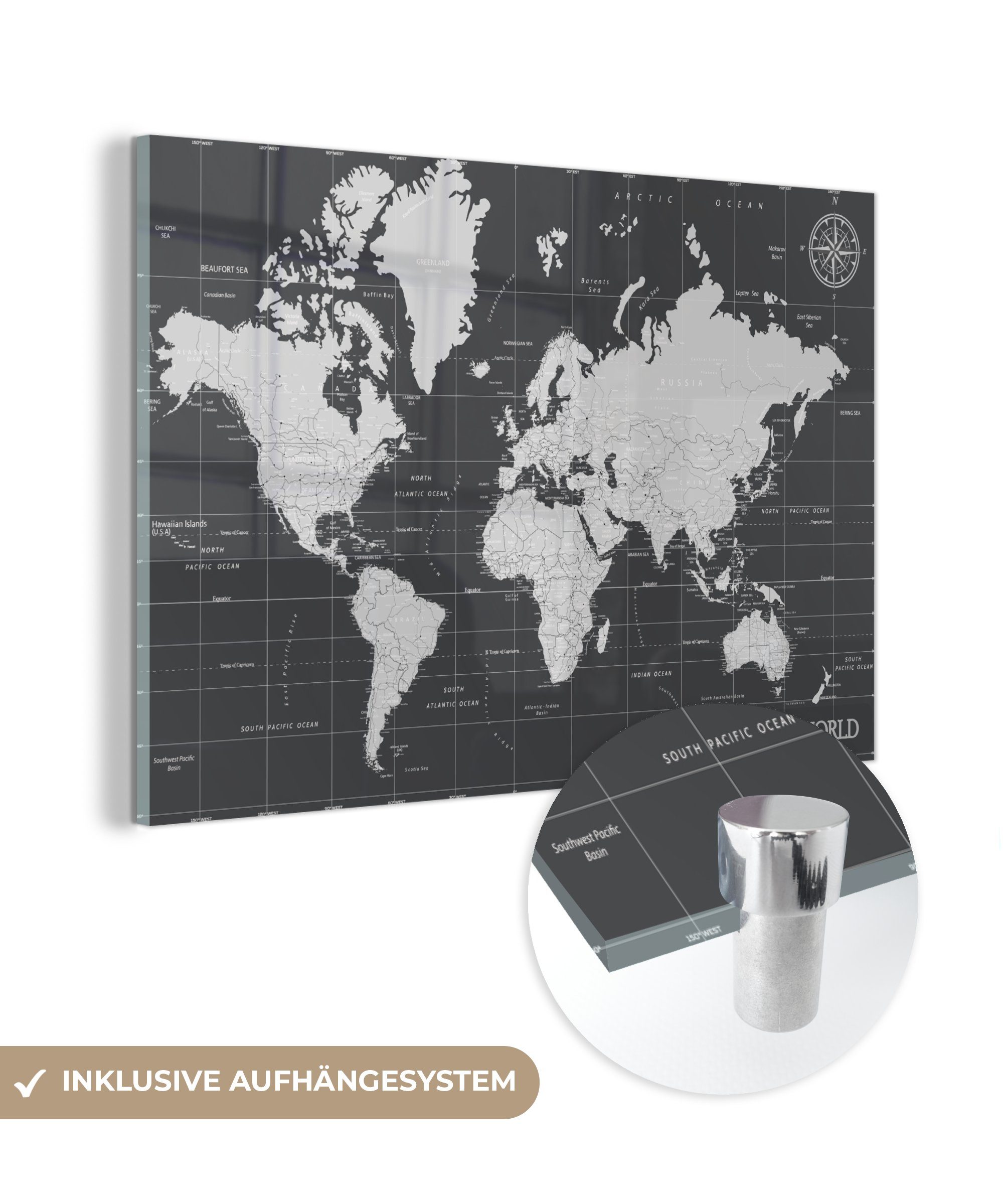 Schwarz Glas - auf Wandbild Weltkarte Welt, - - Acrylglasbild - St), Foto - auf (1 MuchoWow Wanddekoration - Weiß Bilder Glas Glasbilder