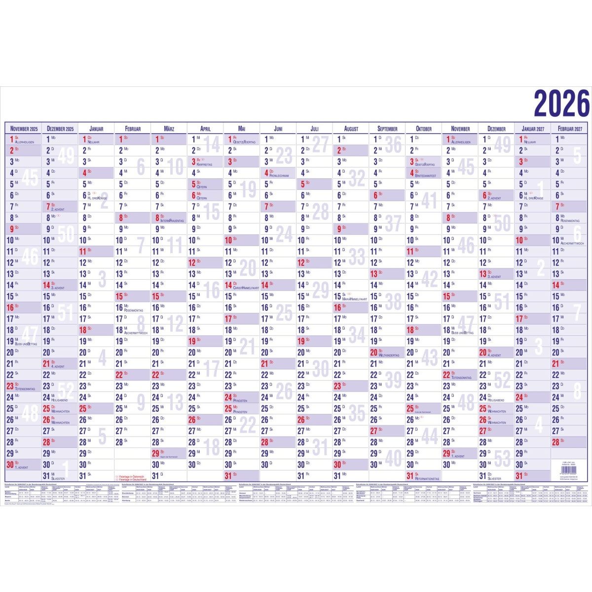 GÜSS Kalender Plakatkalender Wandplaner mit 16 Monaten 120x80cm Nov. 2026-Feb. 2028