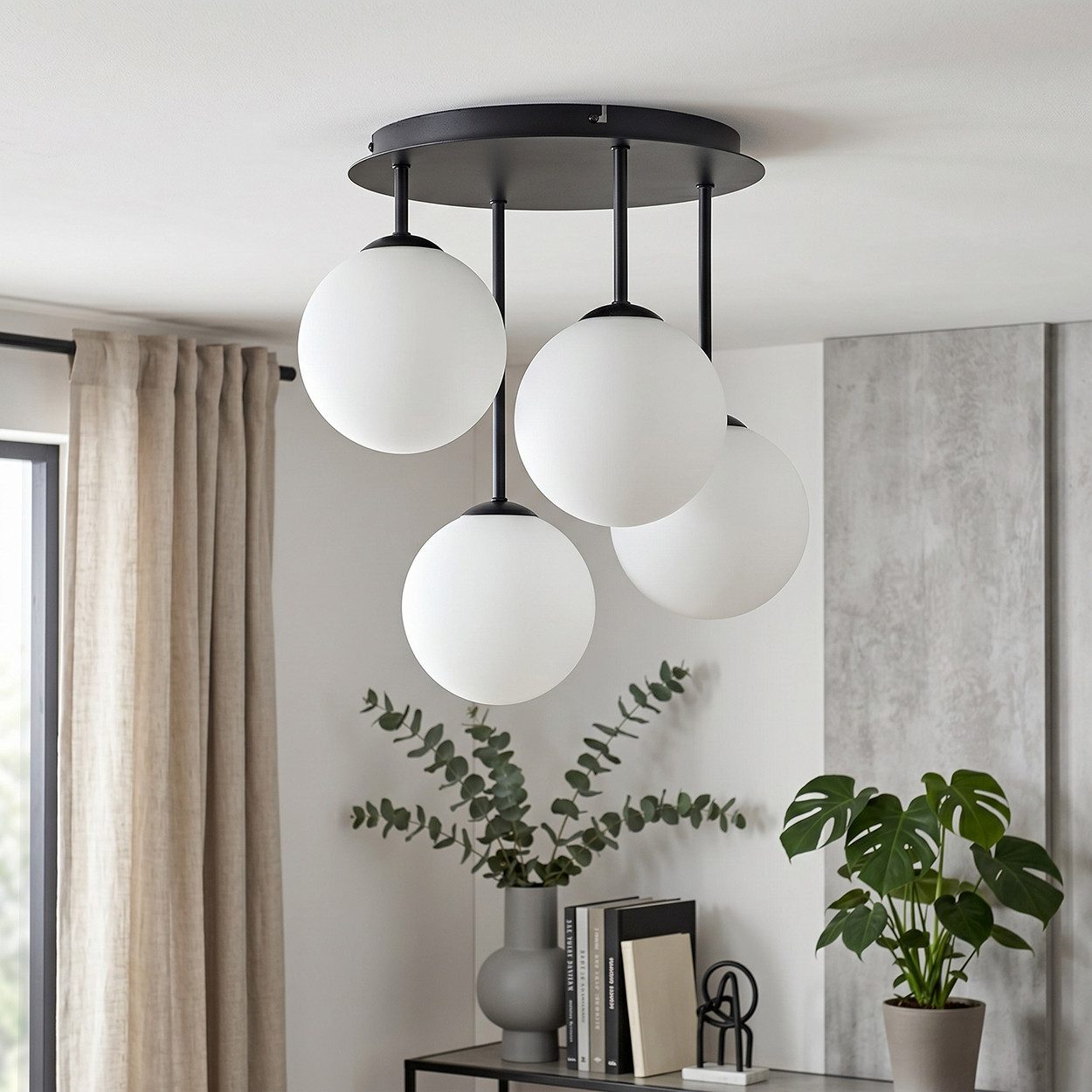 hofstein Deckenleuchte Deckenlampe aus Metall/Milchglas in Schwarz/Weiß, moderne Deckenleuchte im Retro/Vintage-Design, 4 x G9