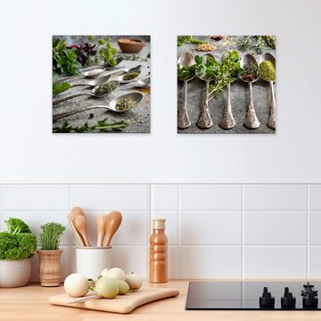 artissimo Glasbild Glasbild 30x30cm Bild Küche Küchenbild Esszimmer Gewürze grün grau, Essen und Trinken: Vintage Löffel mit Kräutern IV