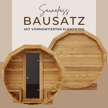 EDEN Holzmanufaktur Fasssauna Bausatz, Teile vormontiert Fichte Remmers Lasur, BxTxH: 202 x 246 x 211 cm, 45 mm, (Set) Veranda inkl. Harvia Holzofen Linear 18, Zubehör