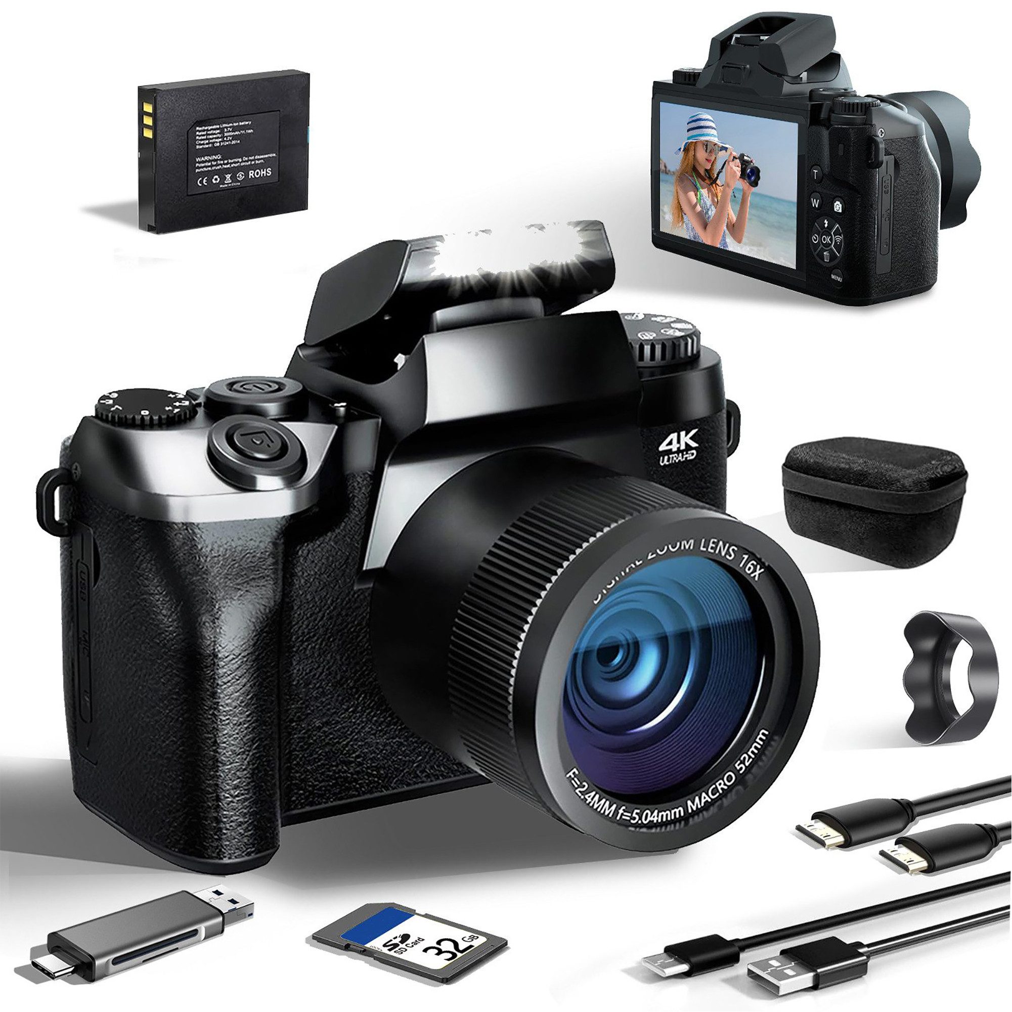 Fine Life Pro 64MP Digitalkamera für Fotografie und Video, Kompaktkamera (WLAN (Wi-Fi), inkl. 4K Vlogging Kamera für YouTube mit 4" Touchscreen, 18x Digitalzoom, WiFi& Autofokus, 32GB Karte)