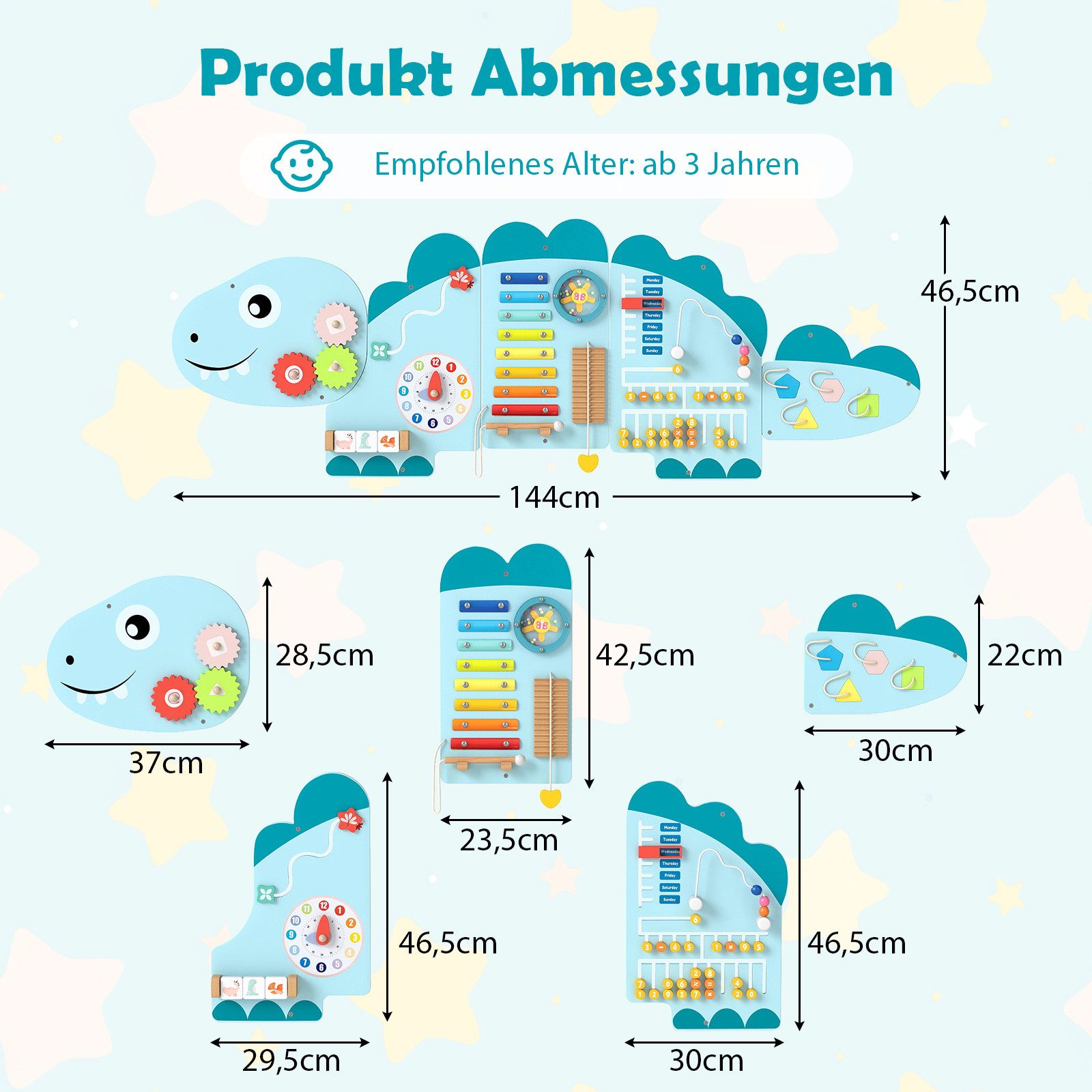COSTWAY Motorikbrett, Dinosaurier Aktivitätswand, 11-in-1 Holz-Wandspielzeug