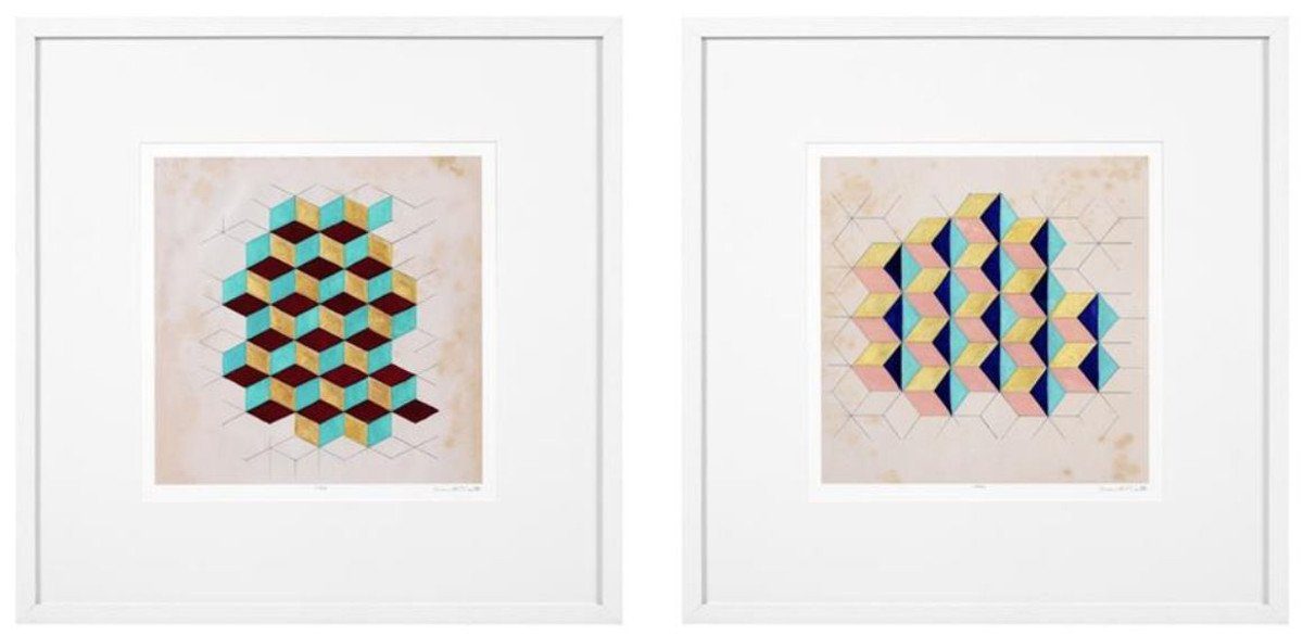 Casa Padrino Bilderrahmen Luxus Deko Bilder Set Geometrische Muster Mehrfarbig / Weiß 85 x H. 85 cm - Kunstdrucke mit Holzrahmen