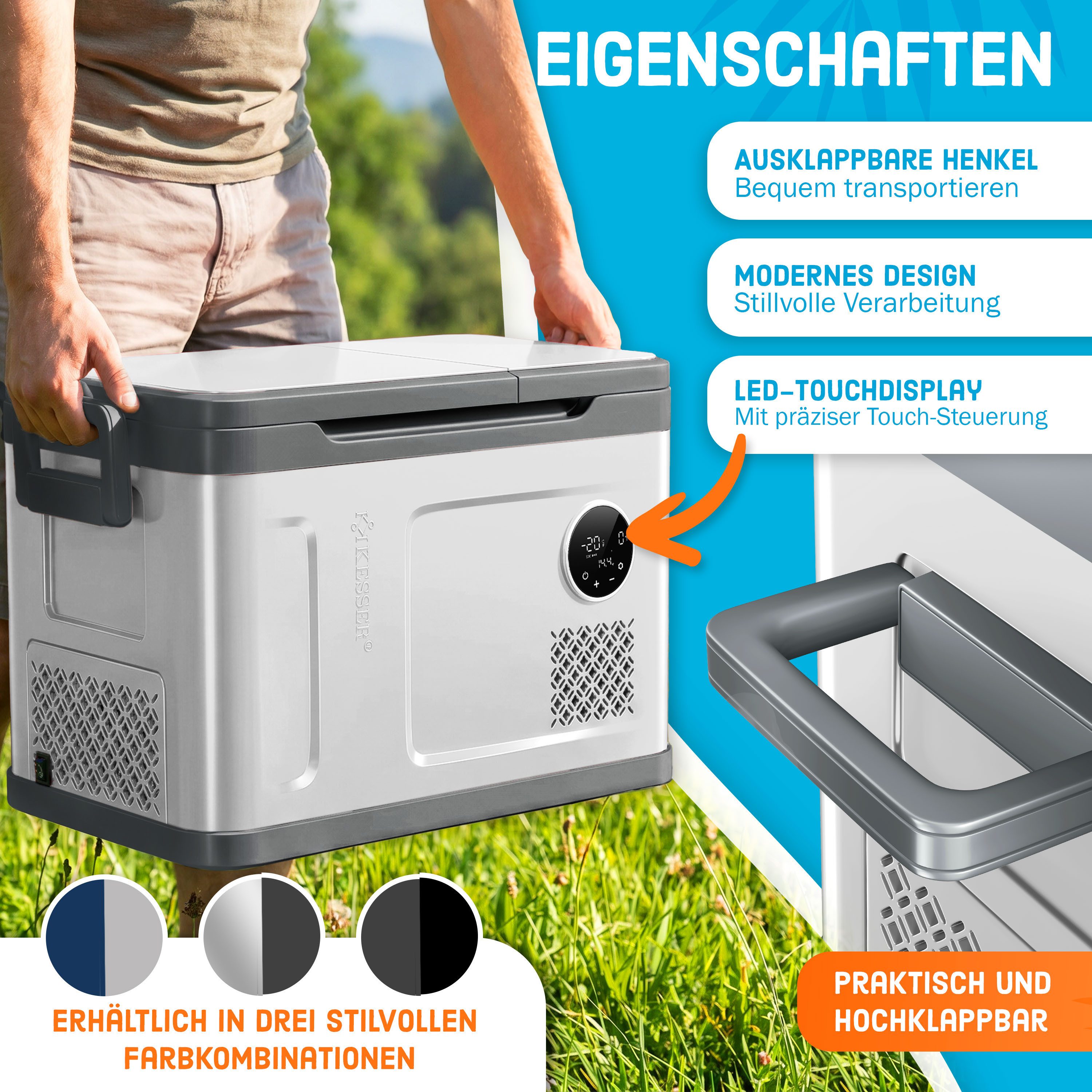KESSER Kühlbox Kompressor 2in1 Doppelzone Kühl & Gefrierfach elektrische Gefrierbox, 40 l, mit 2x Kühlakkus & LED-Touch-Bedienung Kühlschrank bis -20 °C