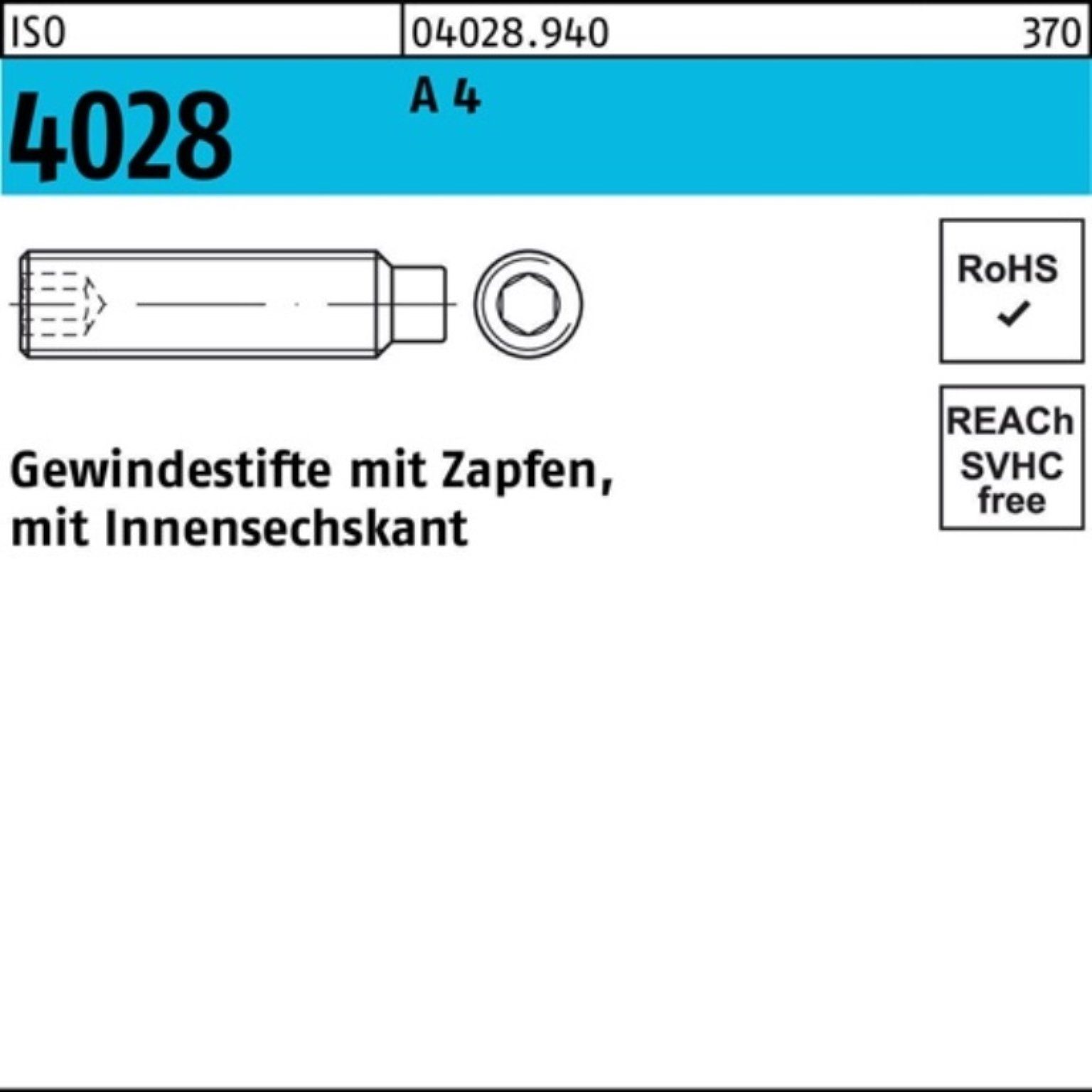 M4x 4 A Zapfen/Innen-6kt ISO 500er Stück 8 Reyher Gewindestift 4028 500 Gewindebolzen Pack