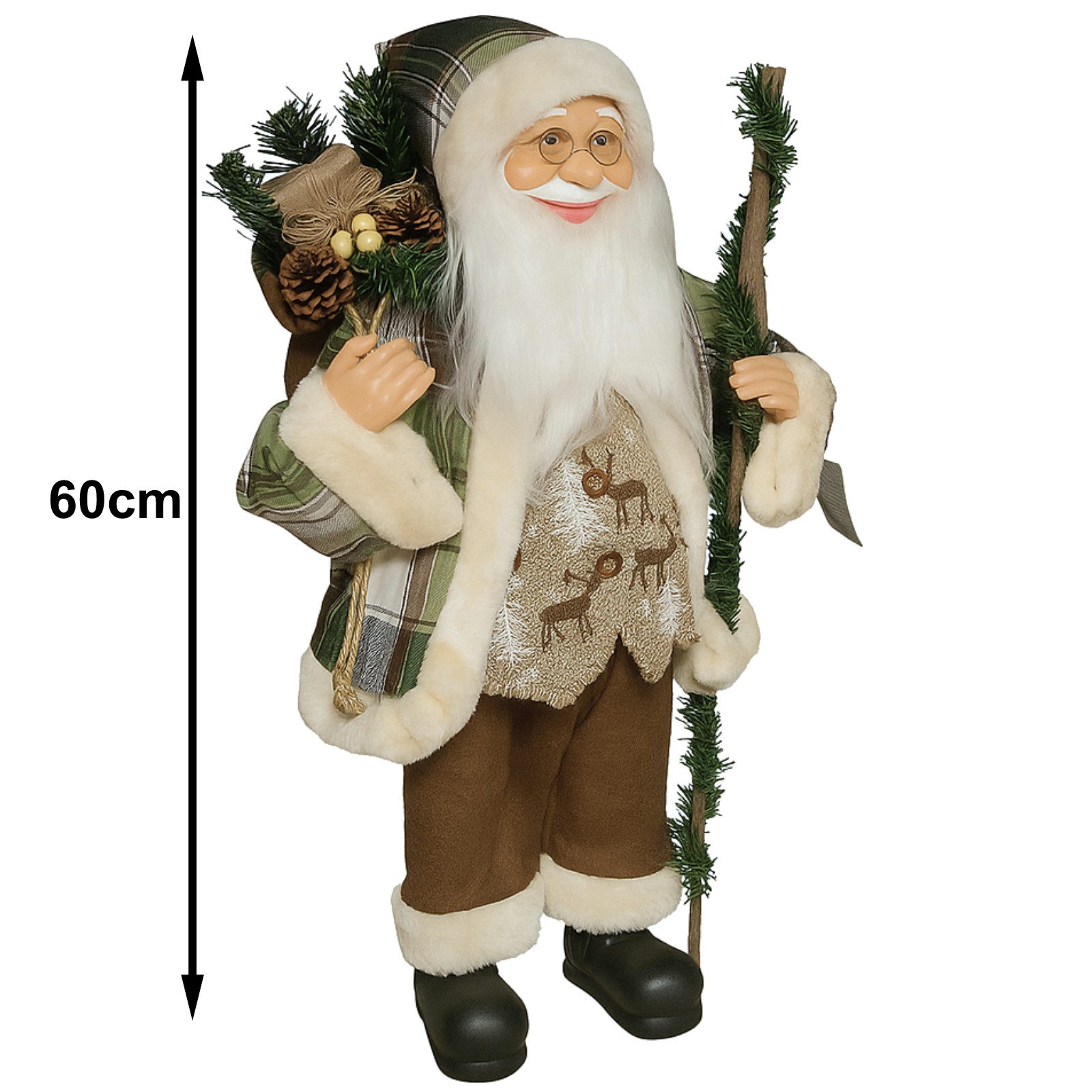 Koopman Weihnachtsmann Weihnachtsfigur Weihnachten XL 60cm Grün Polyester (1 St), 60x34x12cm, Geschenkebeutel, Kariertes Outfit, Gehstock, Kunststoff