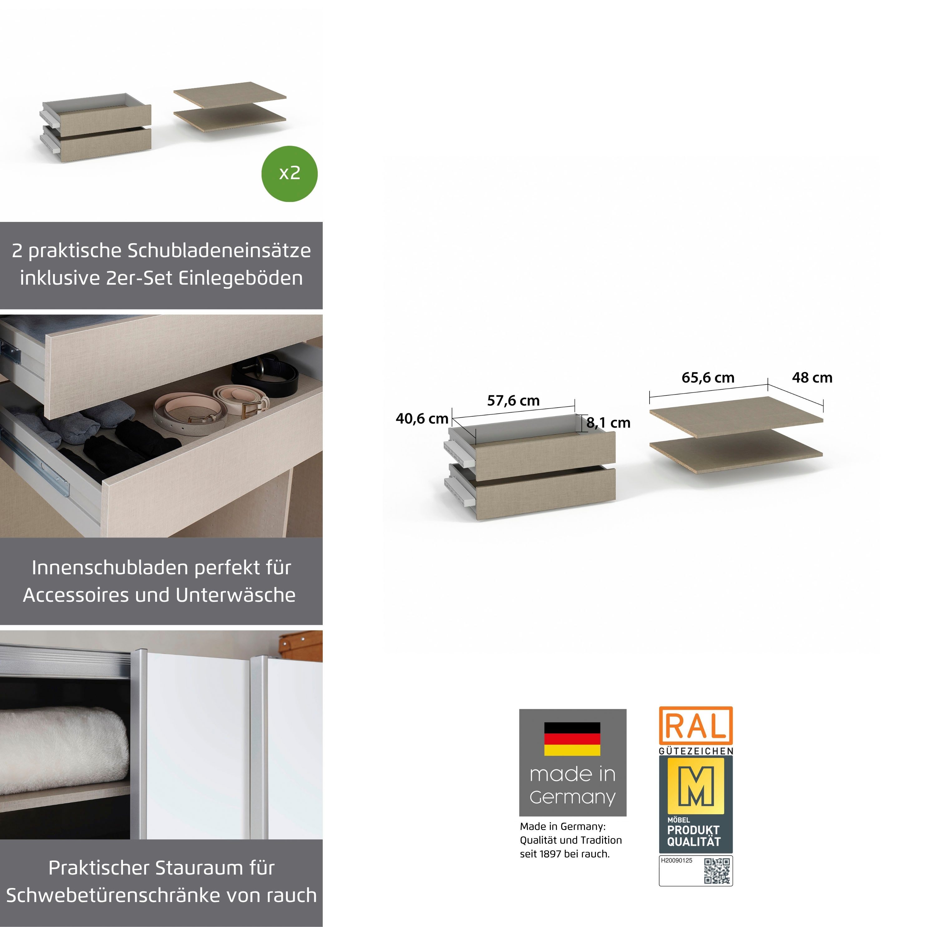 rauch Schubladeneinsatz Schubkasten Einsatz Zubehör ORANGE/BLUE für Rauch Kleiderschränke (variabel in der Höhe montierbar), 2 Schubladeneinsätze mit 2 Fachböden 66 cm für Schwebetürenschränke