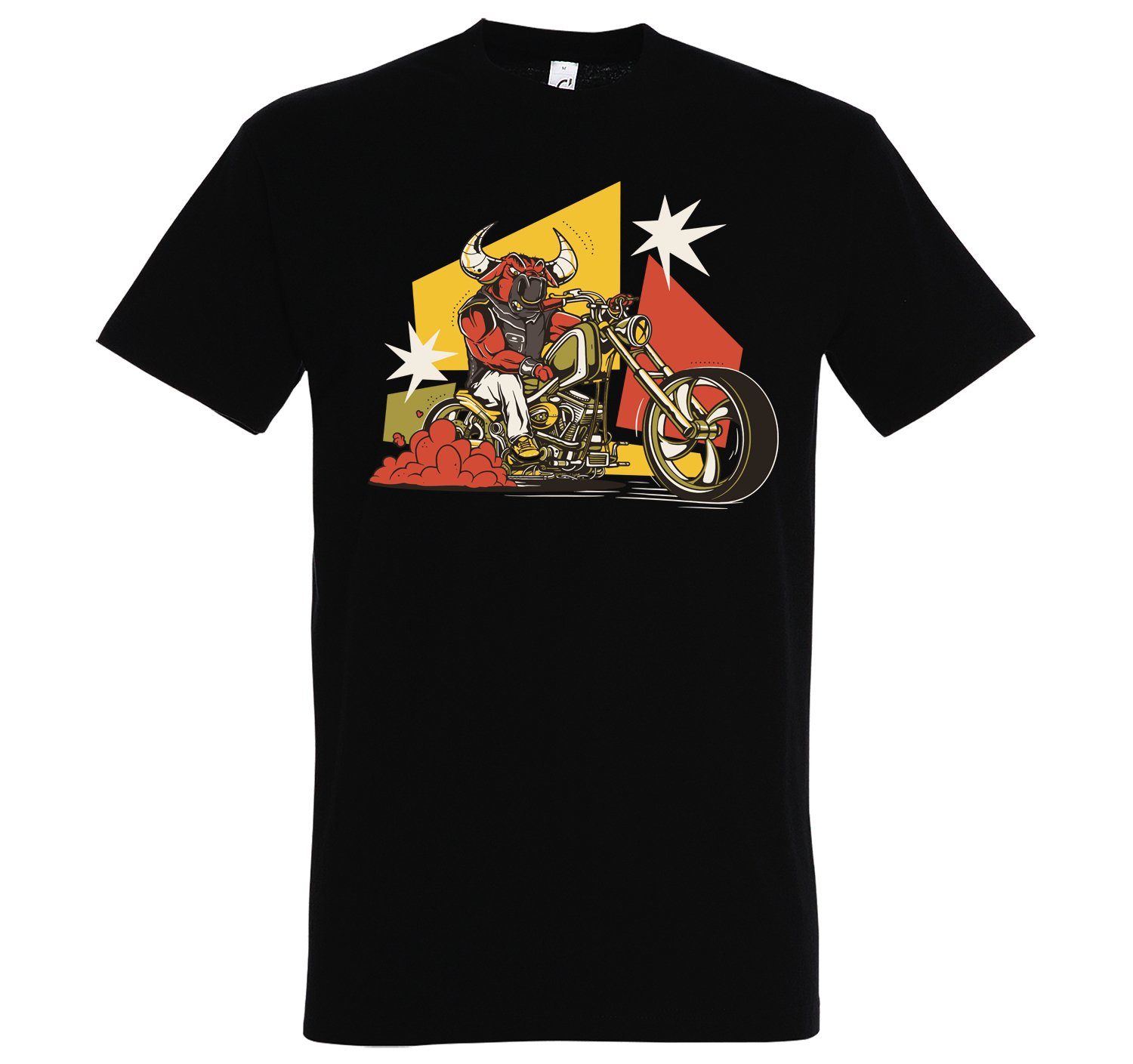 Schwarz T-Shirt Designz Frontprint Biker Herren T-Shirt trendigem Bull mit Youth