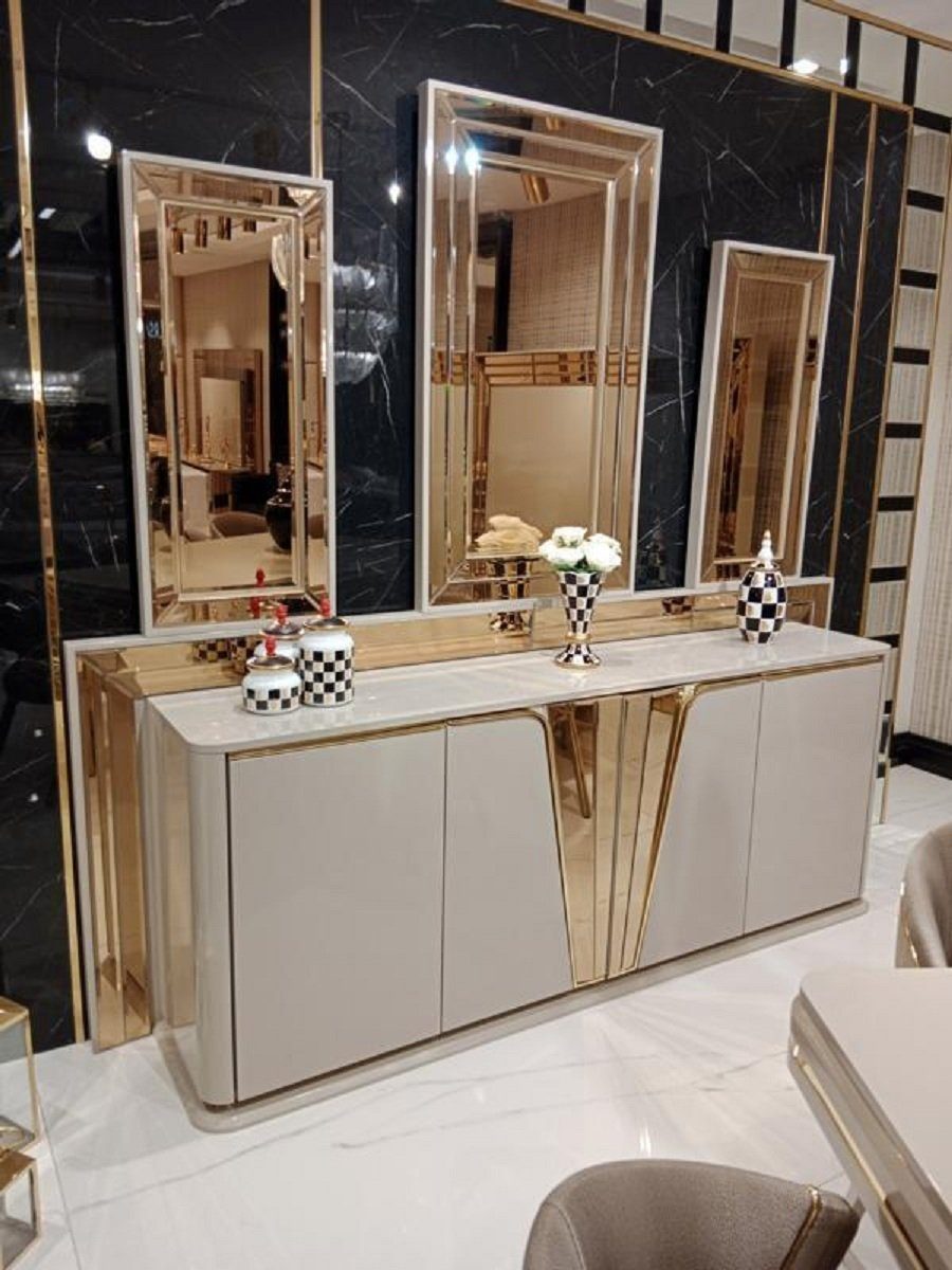 mit Stühle 6x (8-St., Made Esstisch Luxuriöser Maße JVmoebel Anrichte Design Exklusives Esszimmer-Set Spiegel), Anrichte mit Esstisch + Stühle Europe 6x + in Spiegel,