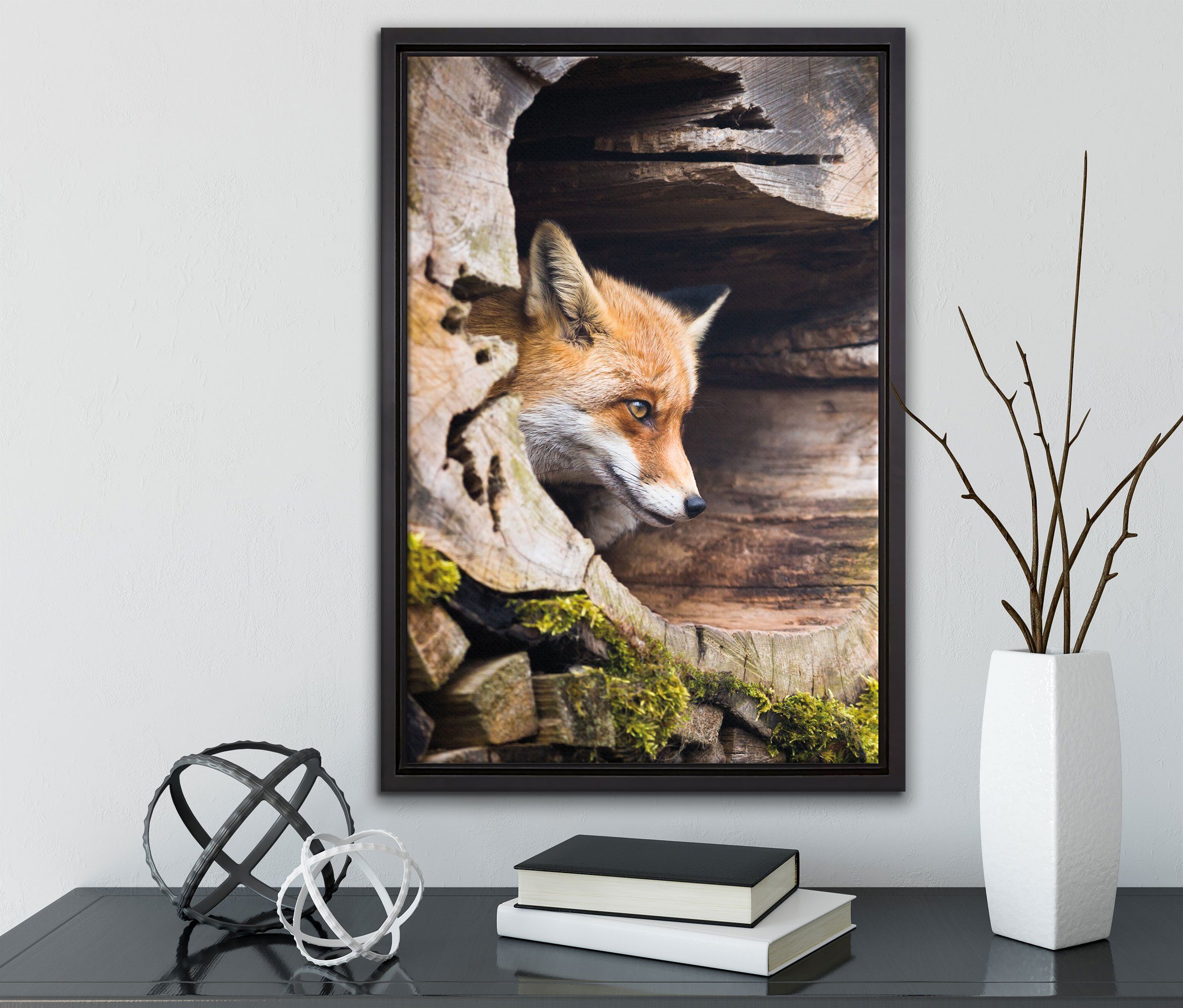 (1 St), gefasst, Zackenaufhänger Baumstamm, im bespannt, Leinwandbild Pixxprint Leinwandbild inkl. einem Schattenfugen-Bilderrahmen fertig Fuchs in Wanddekoration