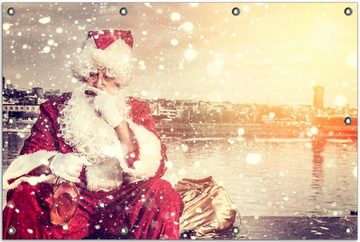 Wallario Sichtschutzzaunmatten Christmas-Party - Weihnachtsmann mit Schnaps und Zigarre