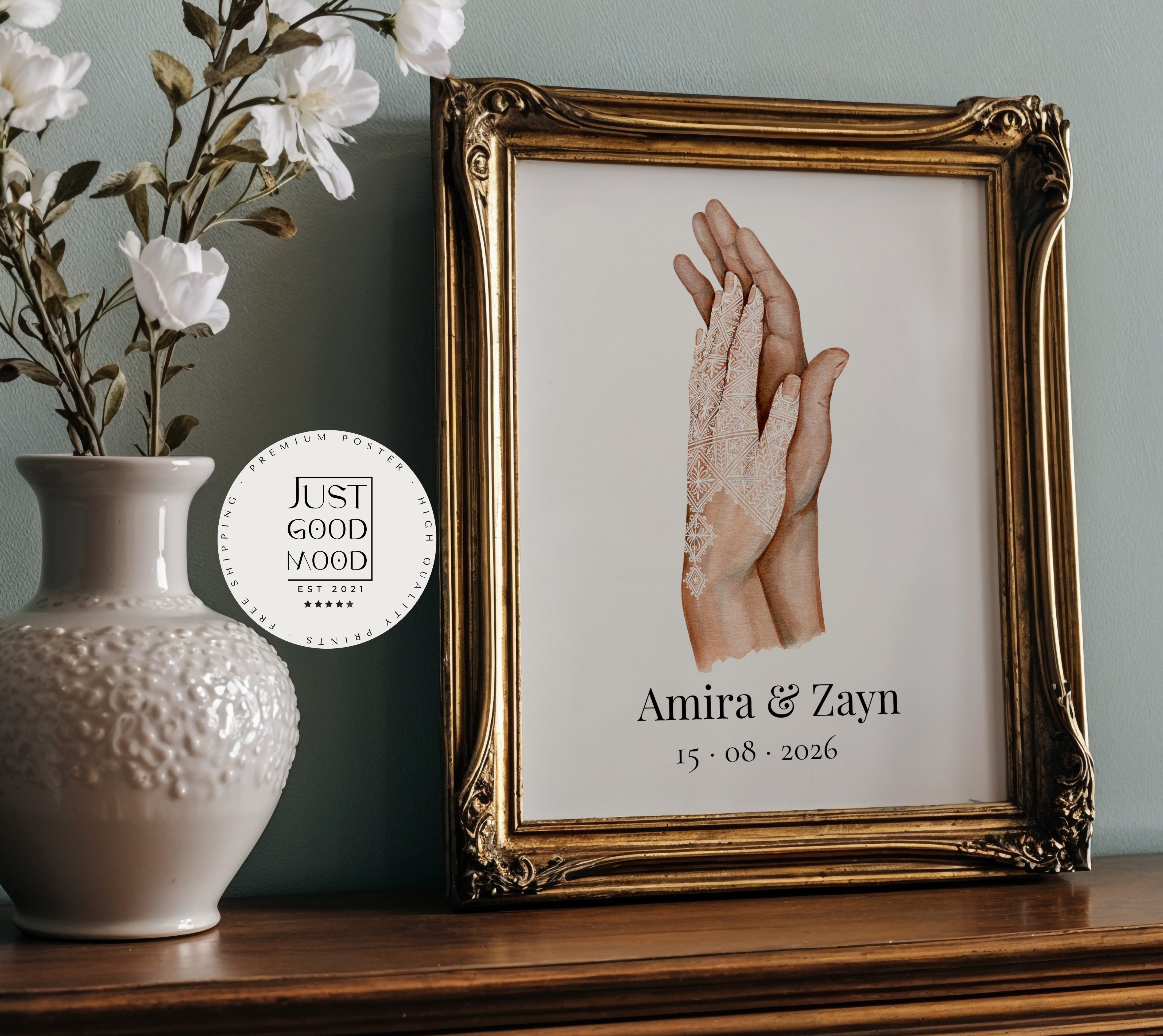 JUSTGOODMOOD Poster Henna Hochzeit Personalisiert Hände Minimal Aquarell Paar Namen Datum, G (1 St)