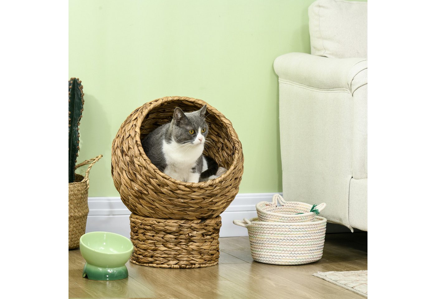 Thumbnail - PawHut Tierhaus Katzenbett, mit Kissen, Wasserhyazinthe, für Katzen, Braun