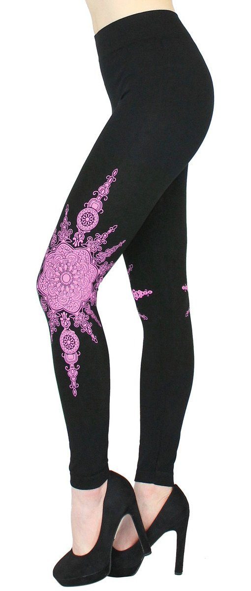 dy_mode Highwaist Leggings Damen Leggings mit Blumen Druck Mandala Muster Leggins Schwarz mit elastischem Bund JL103-Pink