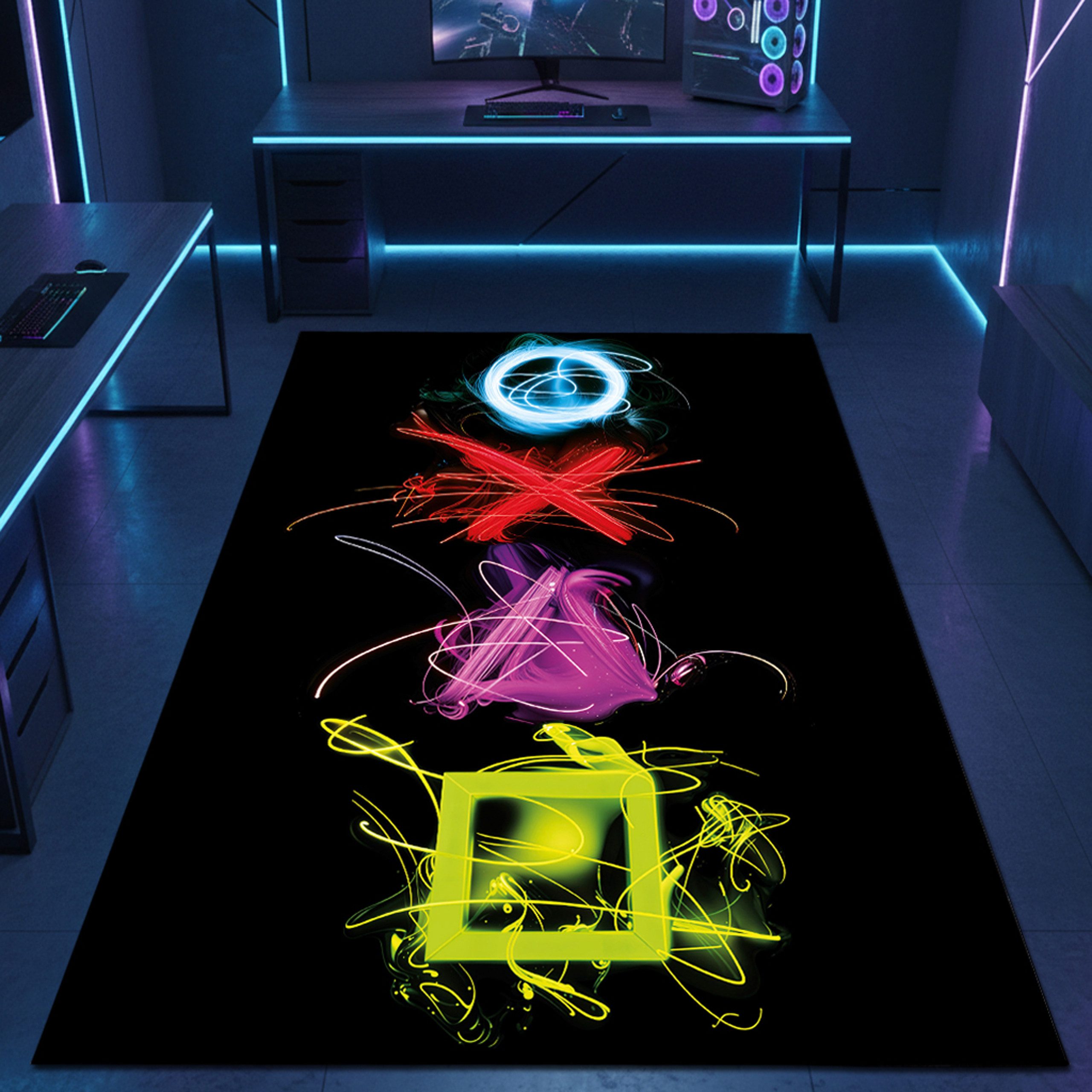 Carpetia Designteppich Gaming Teppich, rechteckig, Höhe: 5 mm, mit grafischen Gaming-Motiven in Neon-Optik