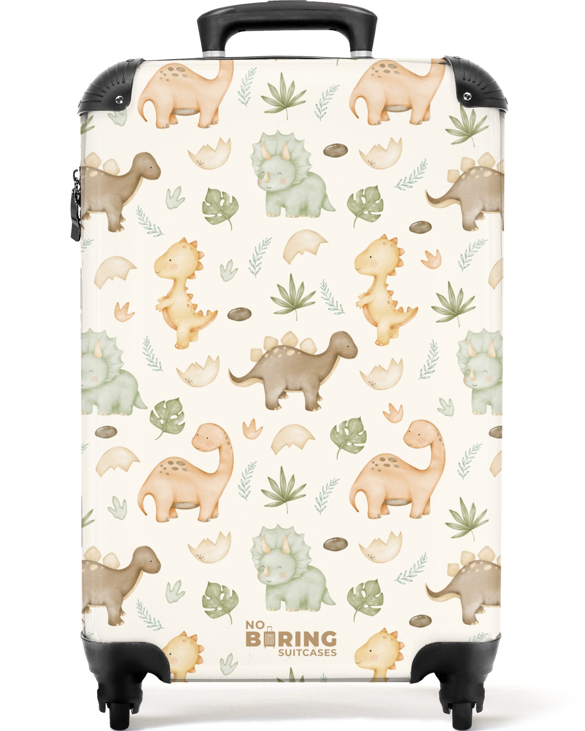 NoBoringSuitcases.com© Kinderkoffer Dino-Muster in Pastellfarben 55x35x20cm, 4 Rollen, Handgepäck Koffer, Hartschalenkoffer Kinder, Reisekoffer Jungen