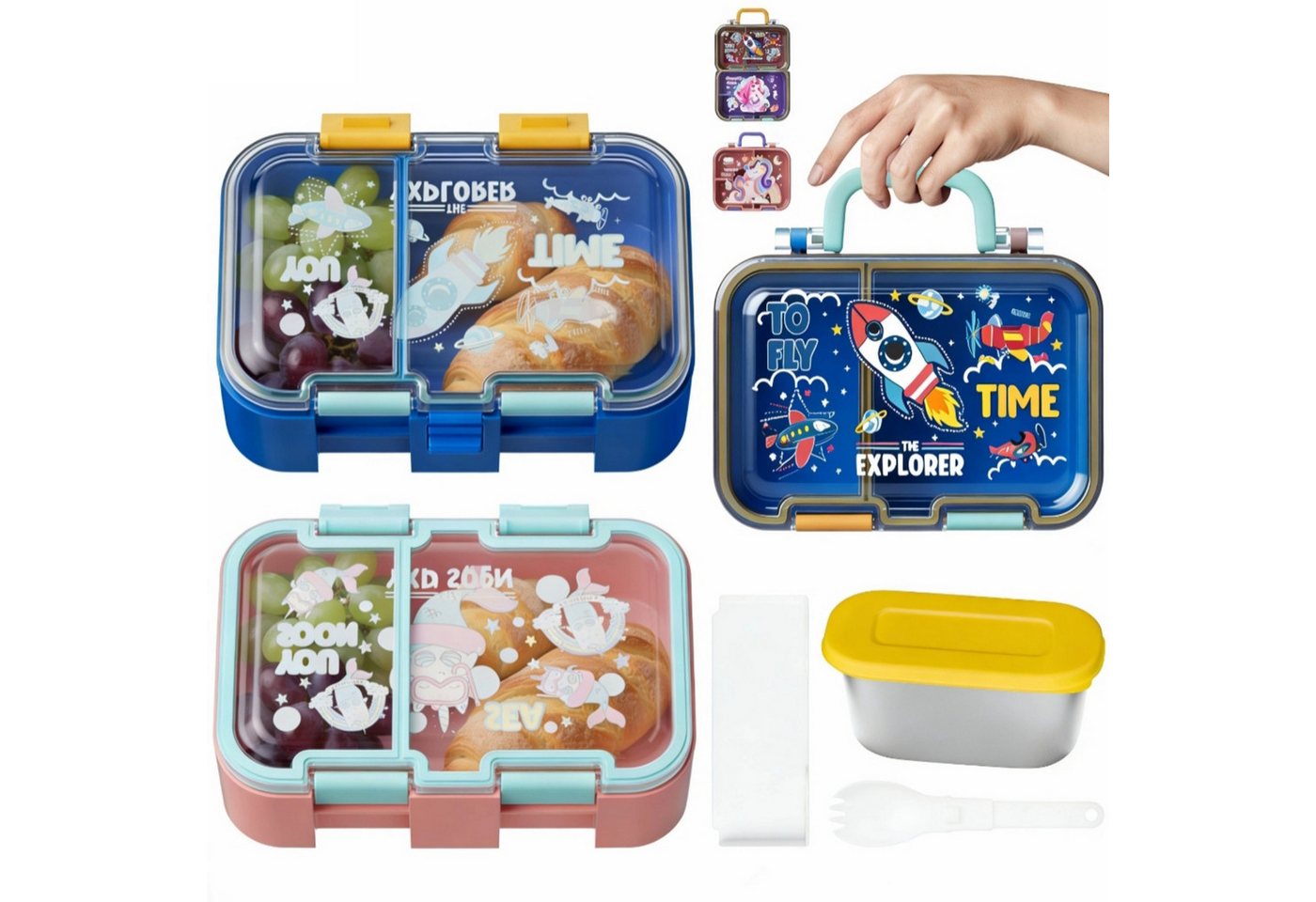 Bundviel Lunchbox Auslaufsichere Kinder-Brotdose mit Fächern im Set, (mit 100ml Edelstahl-Dippschale, Kindergarten und Schule - Mädchen und Jungen, Vesperbox, Snackbox)
