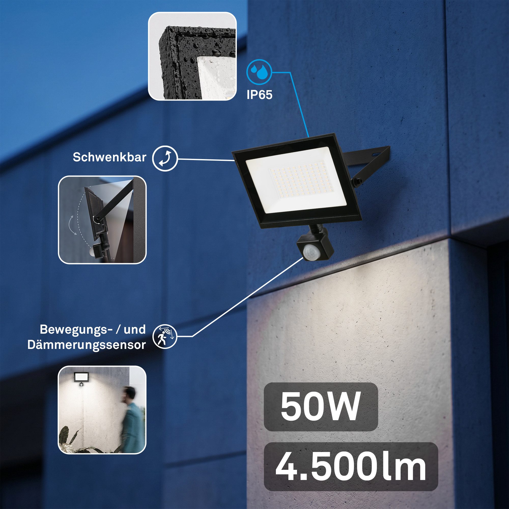 Briloner Leuchten Flutlichtstrahler LED Wandleuchte Außen Bewegungsmelder Wandstrahler Garten Eingang, mit Bewegungsmelder, LED fest integriert, 4000K - Neutralweiß, Garage, Garten, Auffahrt, Hauseingang