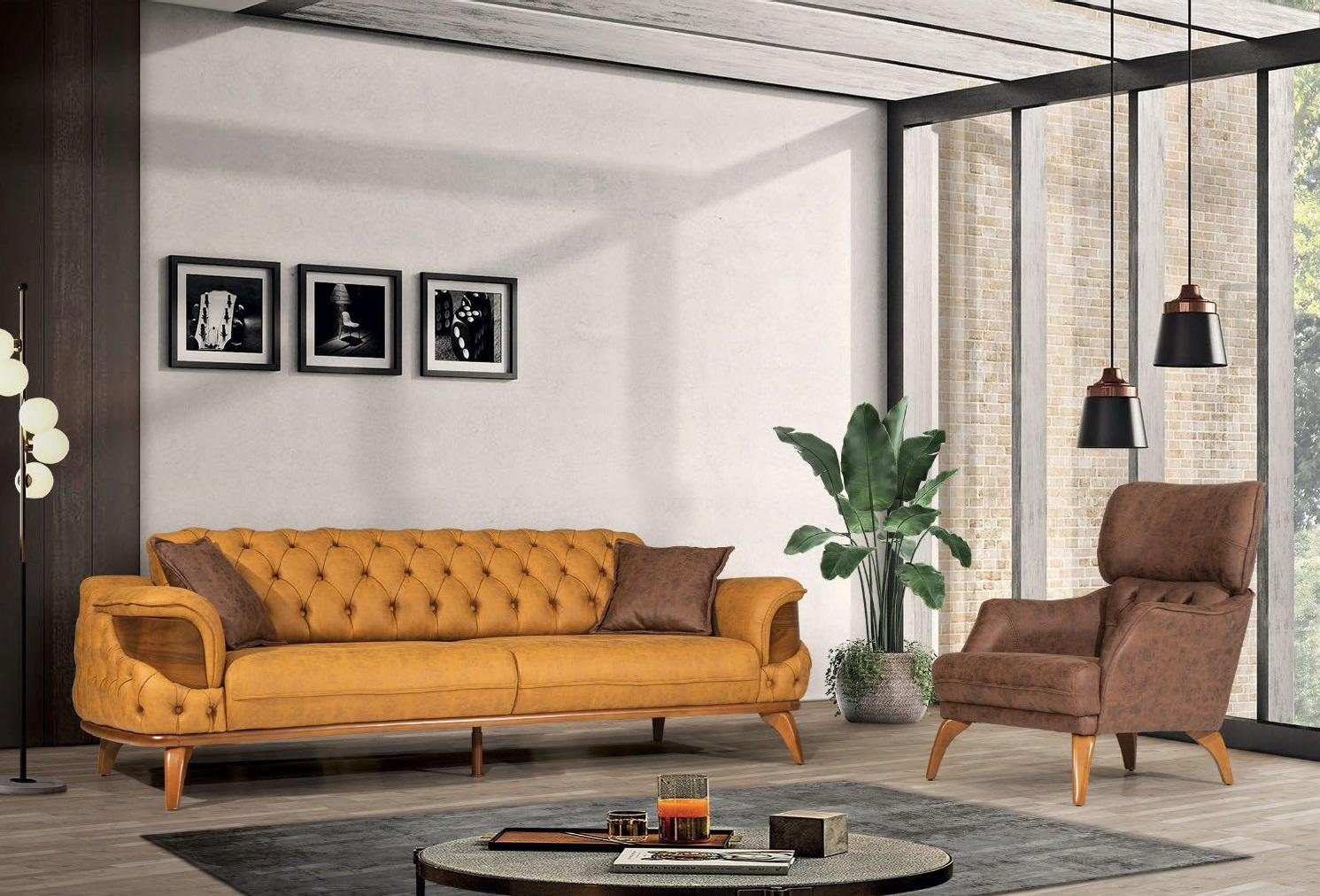 Wohnzimmer-Set Moderne Europa JVmoebel Sessel 2tlg, 3x-Sitzer in Sofas Made 1x Dreisitzer + Sessel), Gelb (2-St., Chesterfield 1x Couchgarnitur