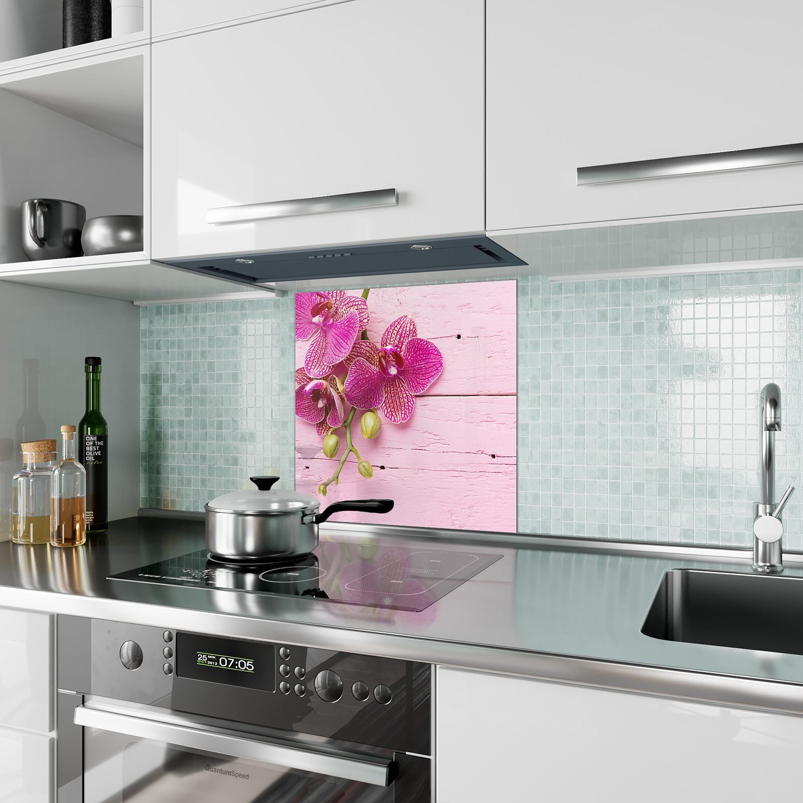 Primedeco Küchenrückwand Küchenrückwand Spritzschutz mit Holz Motiv Orchideenzweig auf Glas