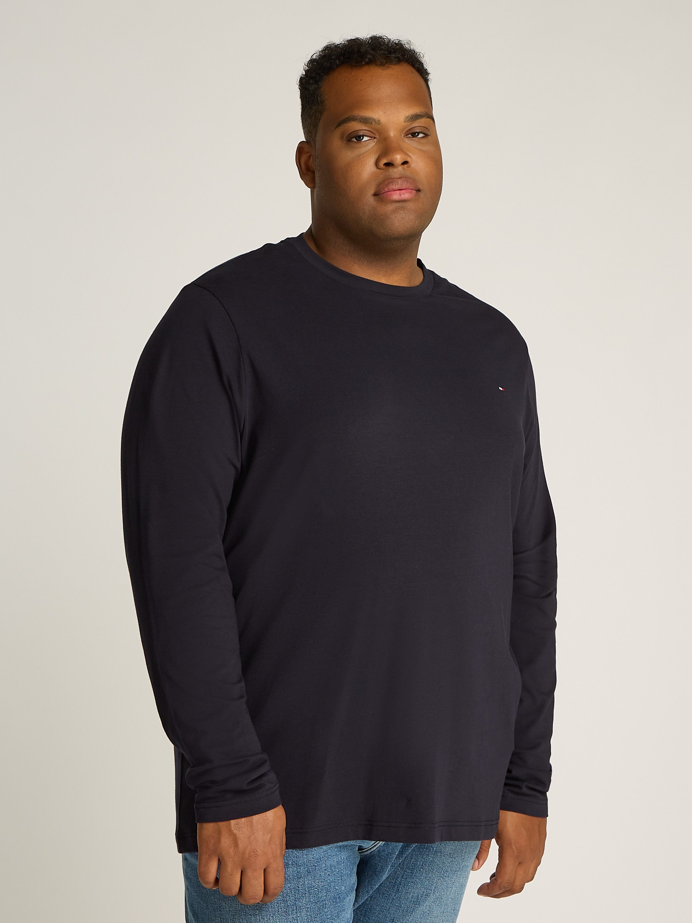 Tommy Hilfiger Big & Tall Longsleeve BT-STRETCH SLIM FIT TEE-B mit Rundhals und Logo unifarben, casual, slim fit, Baumwollmix, Rundhals, große Größen