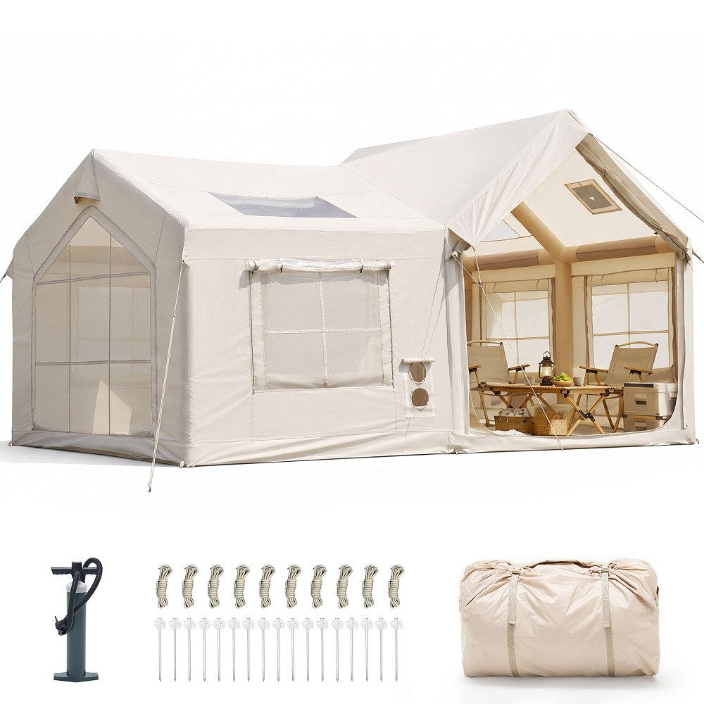 Meulbaty aufblasbares Zelt Aufblasbare Zelte für Camping (10-12 Personen Sonderformen), Personen: 12 (1 tlg., mit Luftpumpe, Kaminöffnung, Gampingzelt aus Oxford-Stoff), Air Glamping Zelte für 4 Jahreszeiten Camping