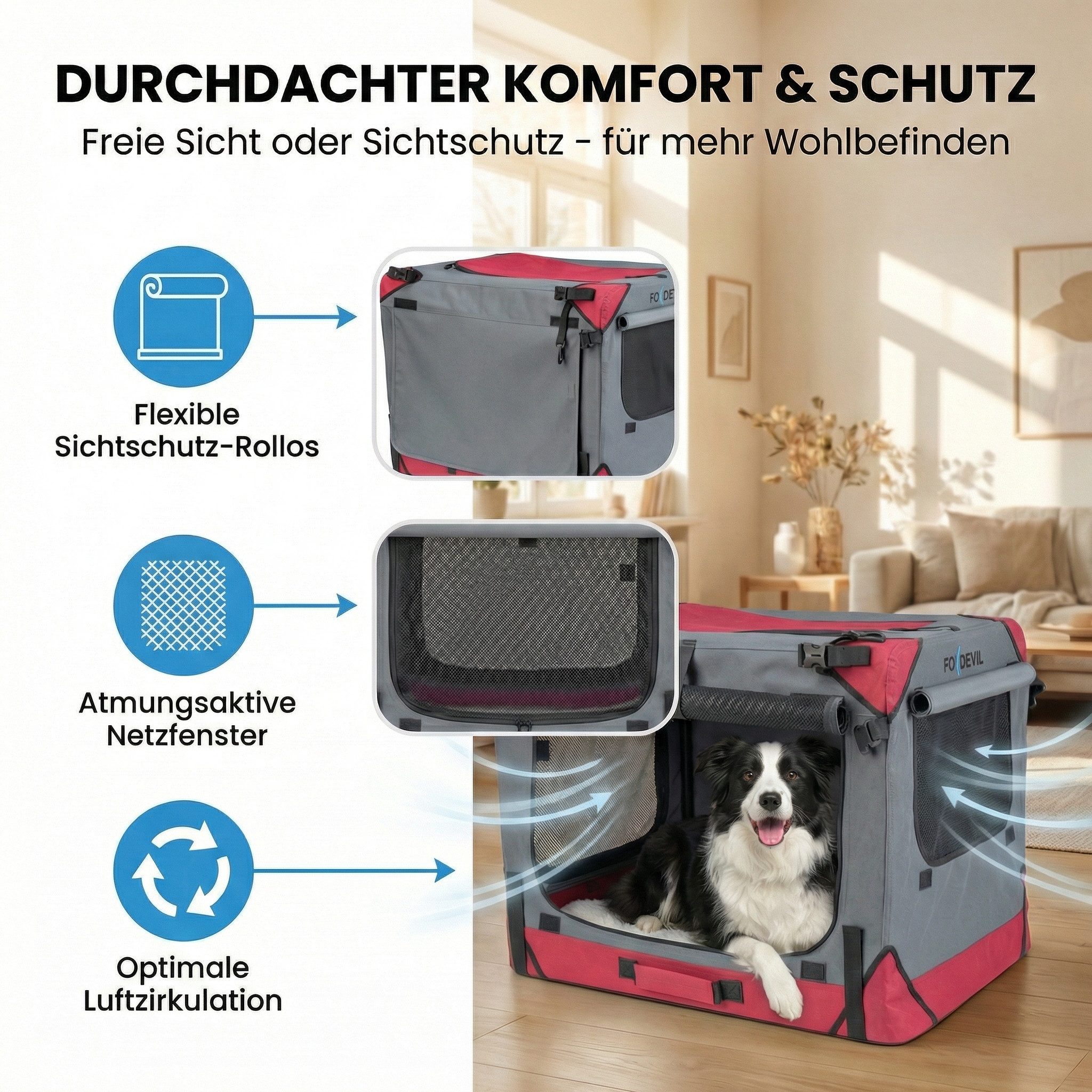 Xonic Hunde-Transportbox Foxdevil by xonic® Faltbare Hundebox / Transportbox (Grau/Rot, XXL)