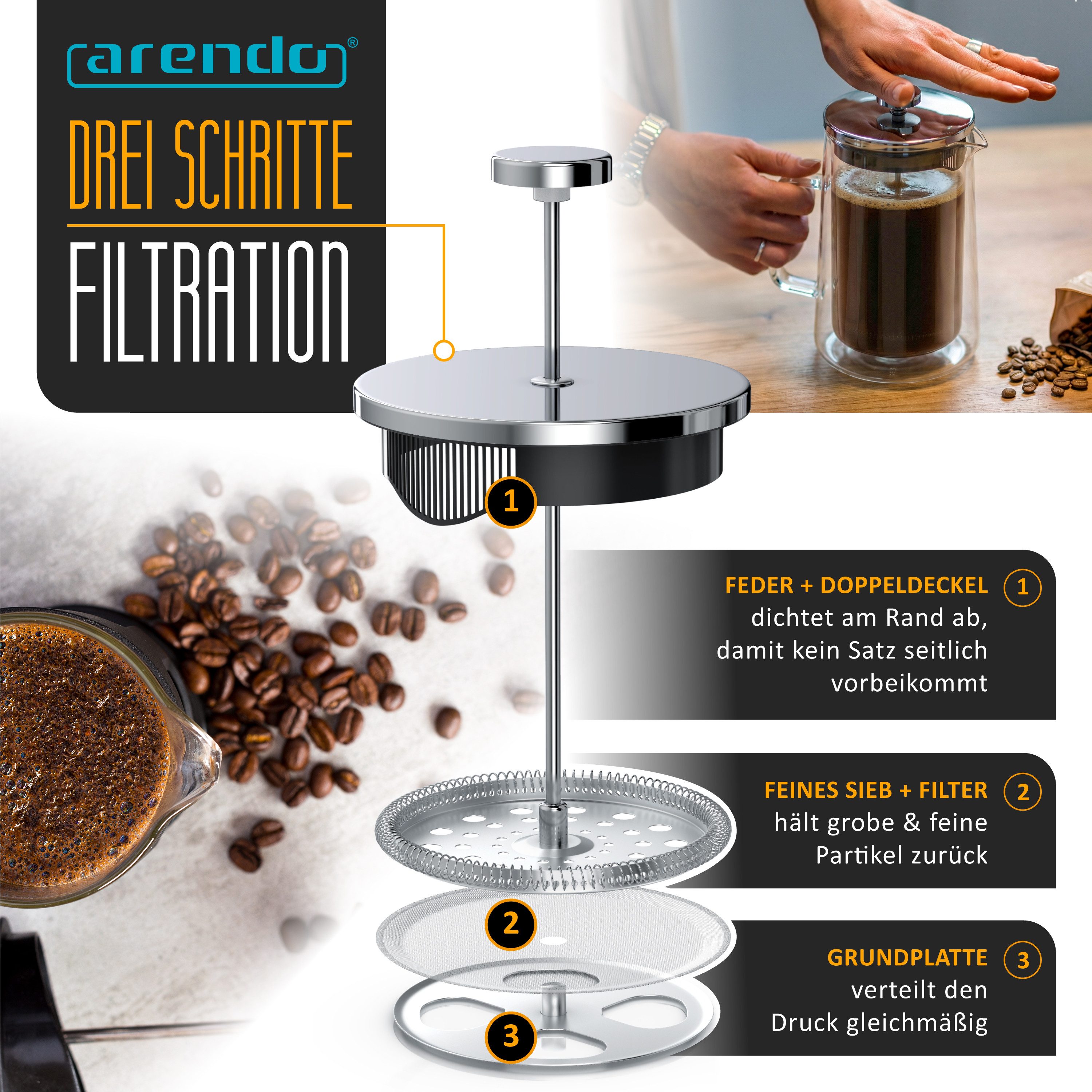 Arendo French Press Kanne 307877 Kaffeebereiter für Tee & Cold Brew, 1l Kaffeekanne, Edelstahlfilter, Doppelwand-Glas, hitzebeständig, spülmaschinenfest, BPA-frei