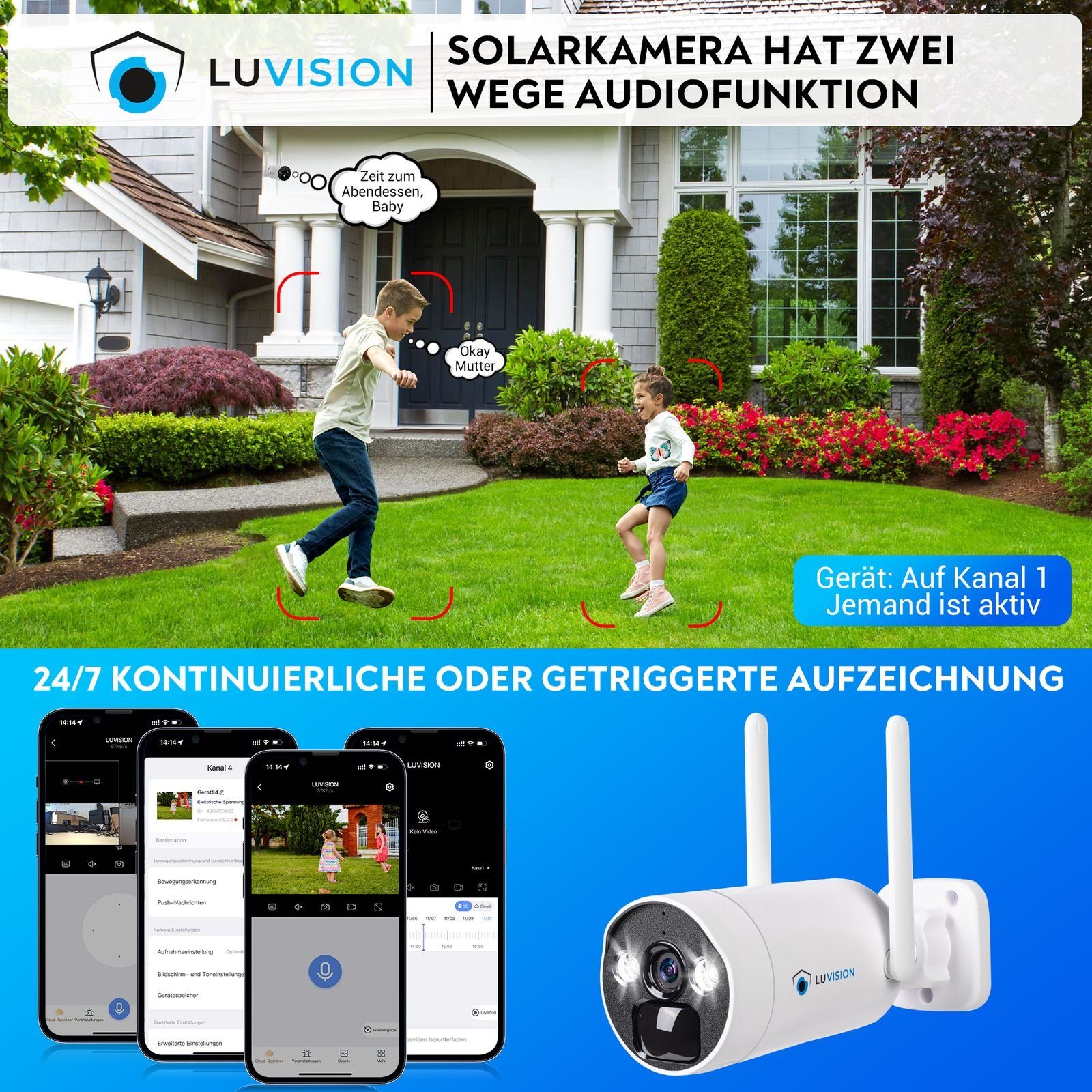 LUVISION Überwachungskamera (Außen- und Innenbereich, 4-tlg., WLAN Solar Akku Überwachungssystem 4 Kanal Funk Kamera Set Mikrofon, Cloud, 2-Wege Audio, 10CH NVR, Solarpanel, Batterie, PC Client & App)