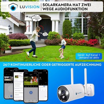 LUVISION Überwachungskamera (Außen- und Innenbereich, 4-tlg., WLAN Solar Akku Überwachungssystem 4 Kanal Funk Kamera Set Mikrofon, Cloud, 2-Wege Audio, 10CH NVR, Solarpanel, Batterie, PC Client & App)