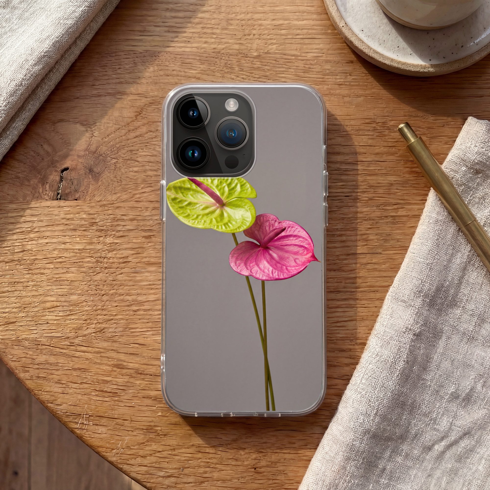 MuchoWow Handyhülle für Apple iPhone 14 Pro Max Pflanzen - Anthurium - Grün - Rosa, Smartphone-Bumper, Print, Handy Schutzhülle Dünn